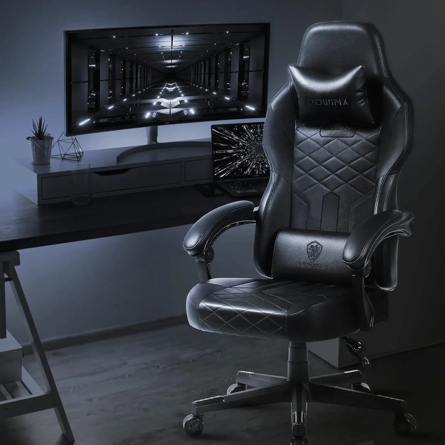 Dowinx Gaming Chair with Pocket Spring Cushion, Ergonomic Computer Chair High Back, Reclining Game Chair Pu Leather 350LBS, Black