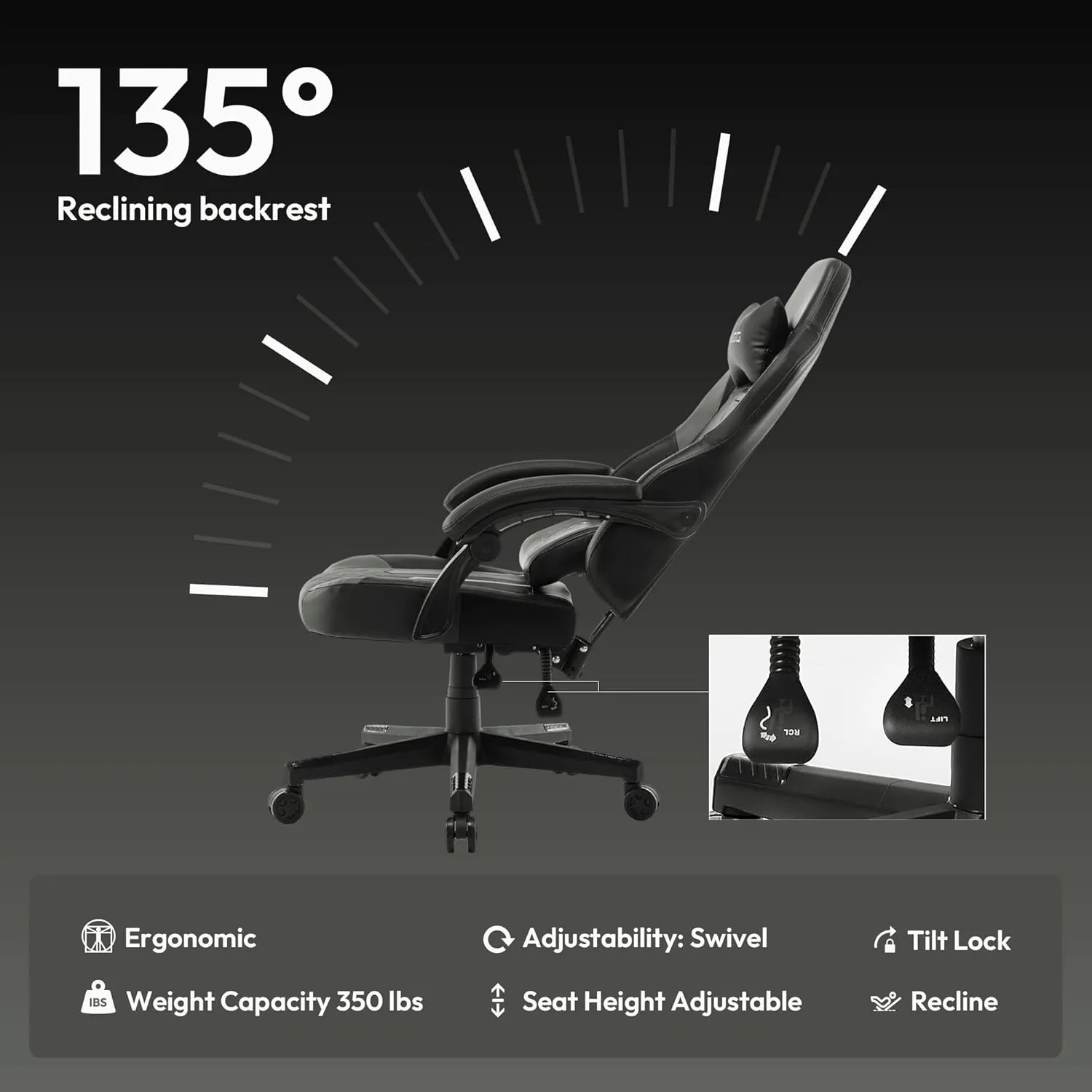 Dowinx Gaming Chair with Pocket Spring Cushion, Ergonomic Computer Chair High Back, Reclining Game Chair Pu Leather 350LBS, Grey