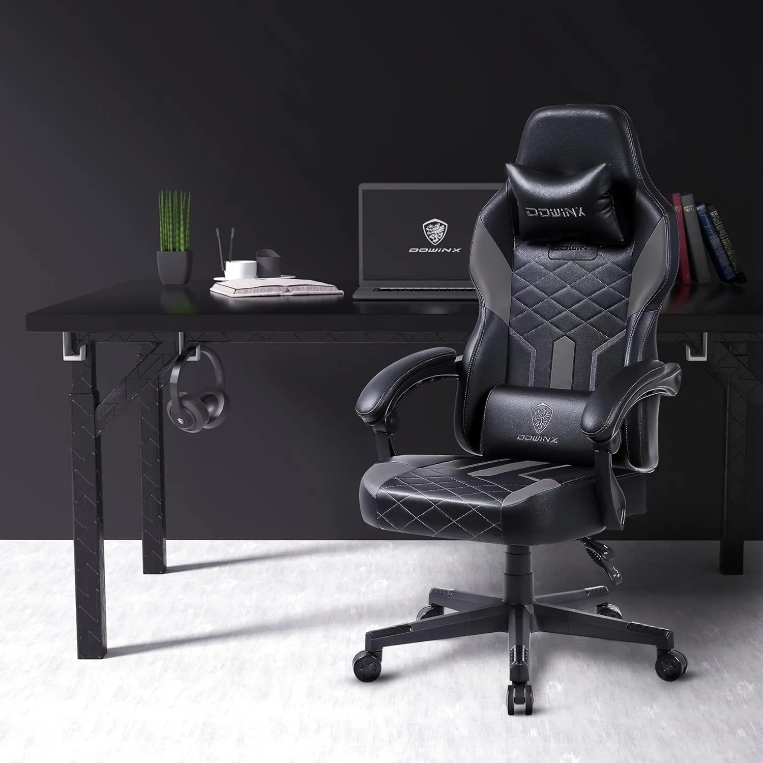 Dowinx Gaming Chair with Pocket Spring Cushion, Ergonomic Computer Chair High Back, Reclining Game Chair Pu Leather 350LBS, Grey