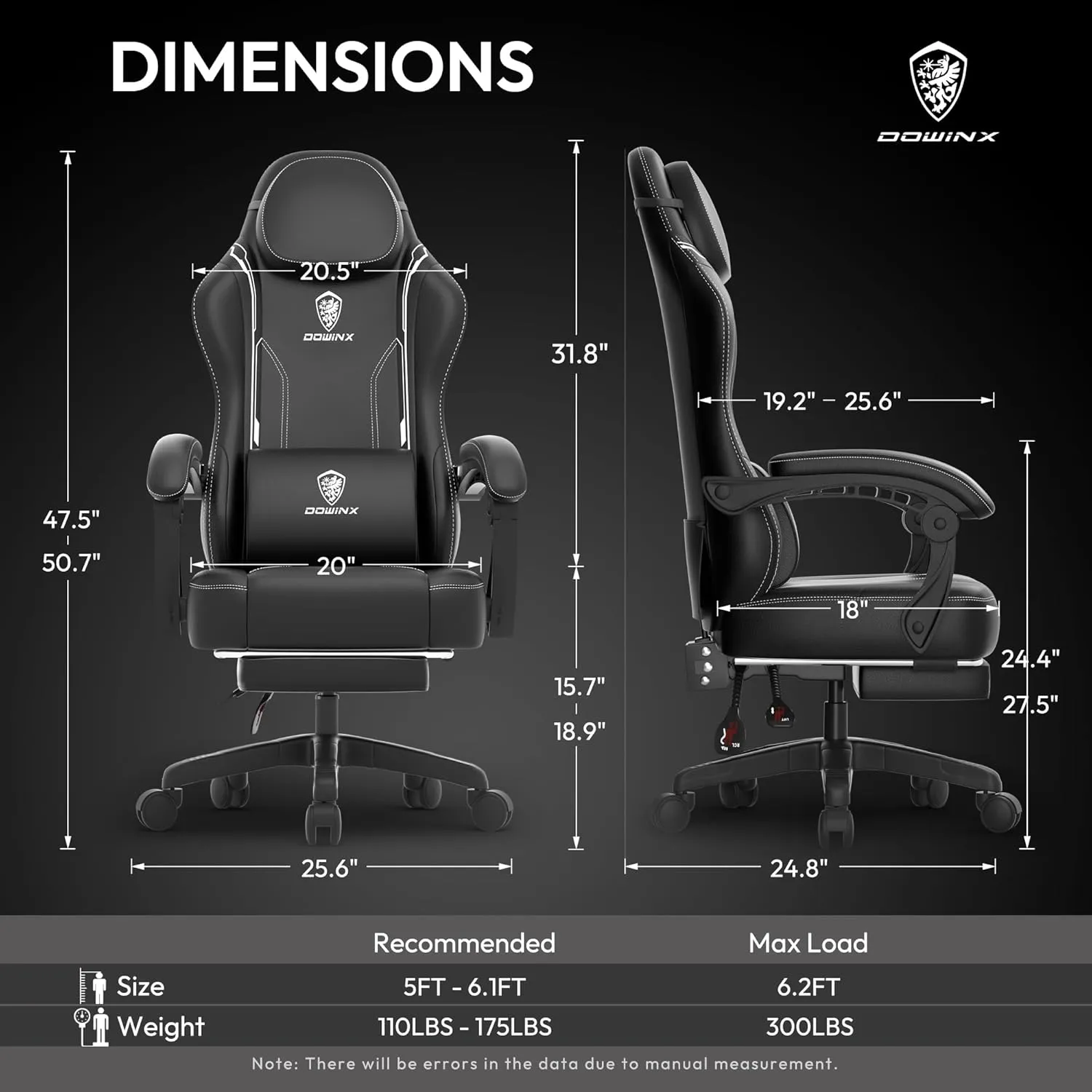 Dowinx Gaming Chair with Pocket Spring Cushion, Ergonomic Computer Chair with Massage Lumbar and Footrest for Adults, High Back Game Chair Leather for Office Gaming 300LBS, Black