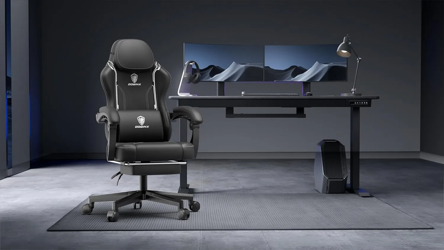 Dowinx Gaming Chair with Pocket Spring Cushion, Ergonomic Computer Chair with Massage Lumbar and Footrest for Adults, High Back Game Chair Leather for Office Gaming 300LBS, Black