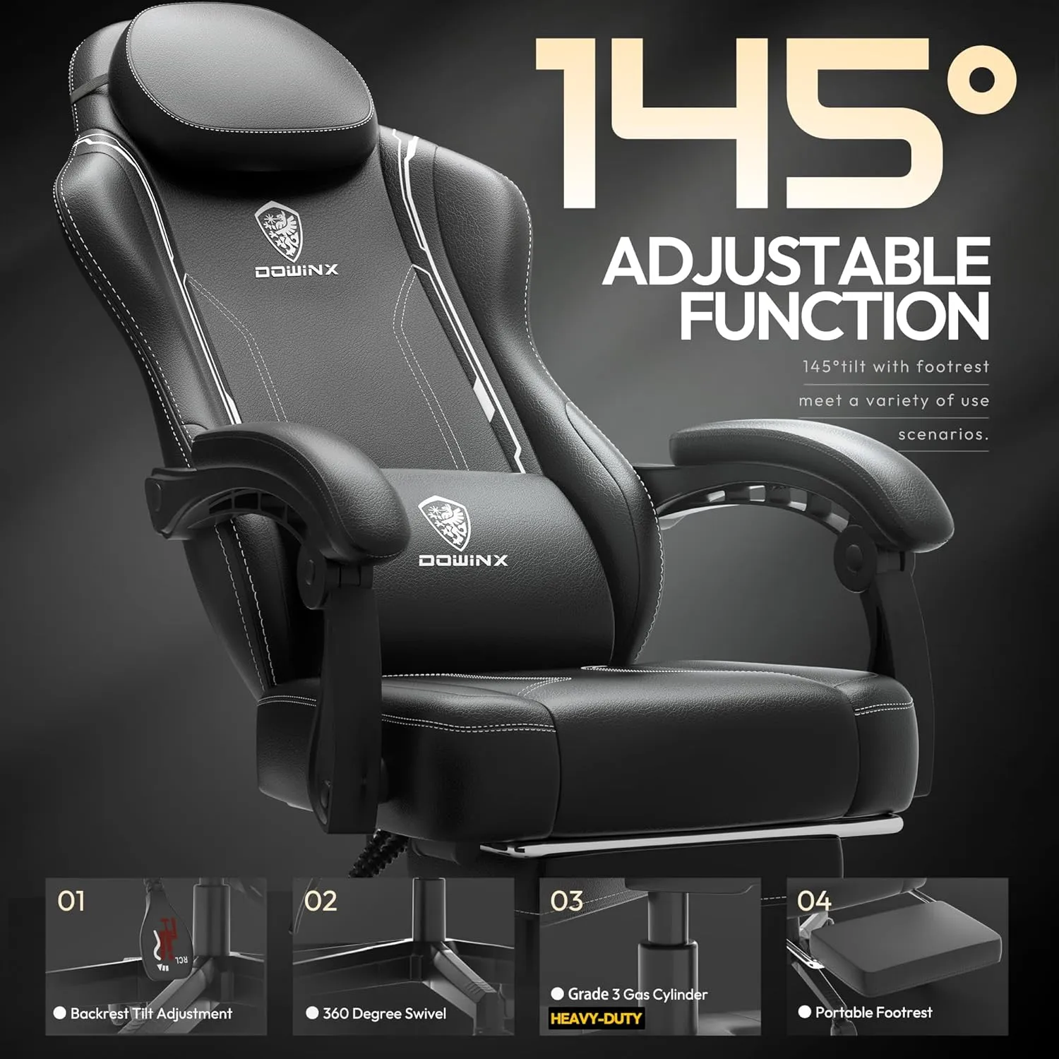 Dowinx Gaming Chair with Pocket Spring Cushion, Ergonomic Computer Chair with Massage Lumbar and Footrest for Adults, High Back Game Chair Leather for Office Gaming 300LBS, Black