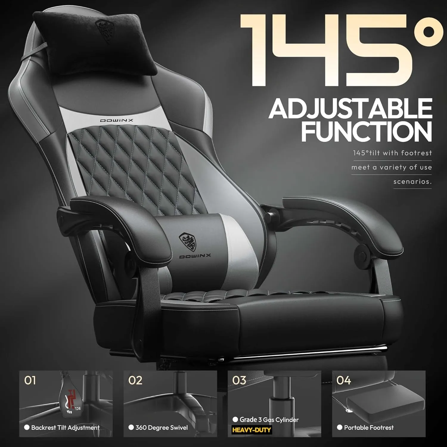 Dowinx Gaming Chair with Pocket Spring Cushion, Ergonomic Computer Chair with Massage Lumbar and Footrest for Adults, High Back Game Chair Leather for Office Gaming 300LBS, Grey New