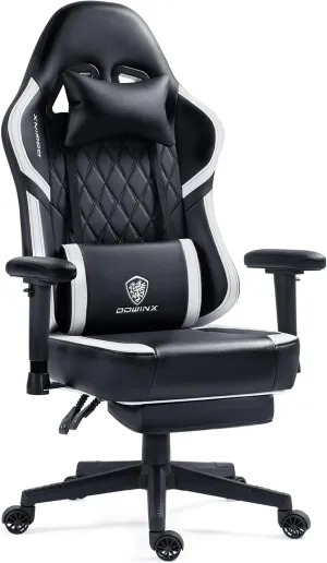 Dowinx Gaming Chair with Pocket Spring Cushion, Massage Gamer Chair Pu Leather with Lumbar Support, Ergonomic Computer Office with Footrest 300lbs for Adult, Black White