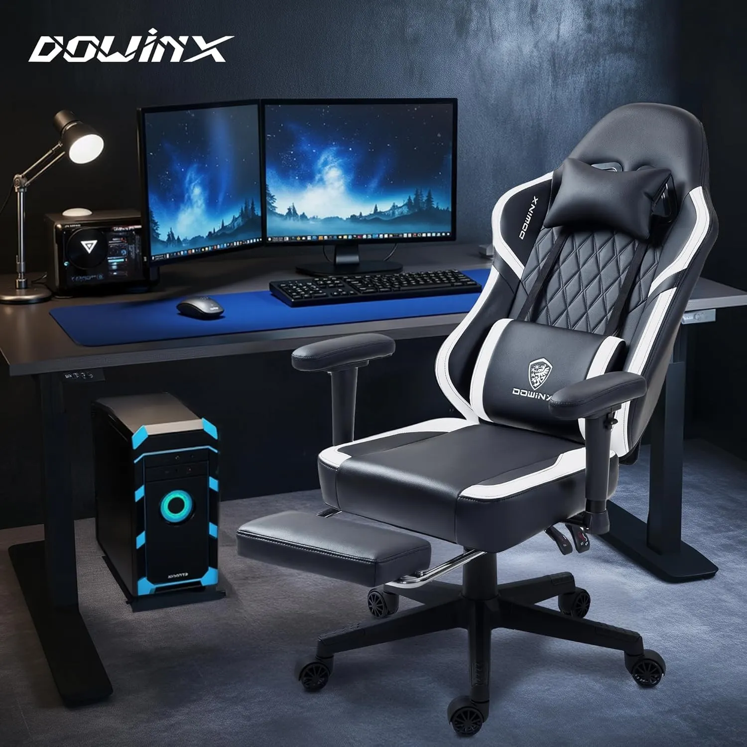 Dowinx Gaming Chair with Pocket Spring Cushion, Massage Gamer Chair Pu Leather with Lumbar Support, Ergonomic Computer Office with Footrest 300lbs for Adult, Black White