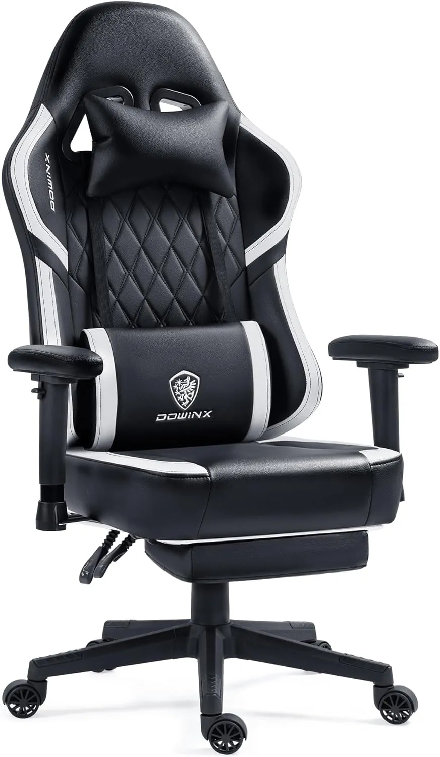 Dowinx Gaming Chair with Pocket Spring Cushion, Massage Gamer Chair Pu Leather with Lumbar Support, Ergonomic Computer Office with Footrest 300lbs for Adult, Black White