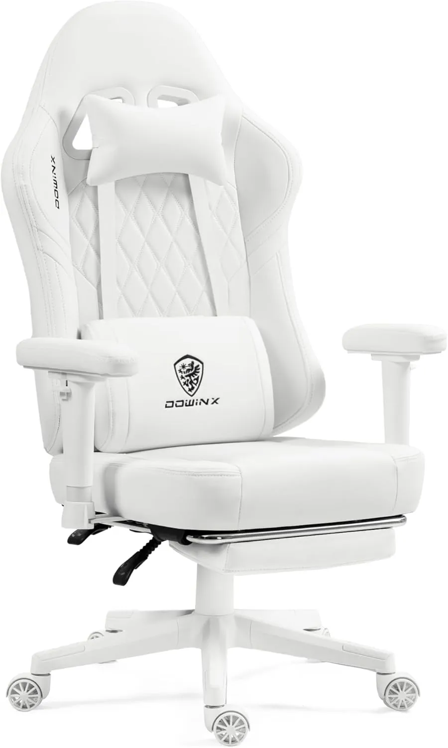 Dowinx Gaming Chair with Pocket Spring Cushion, Massage Gamer Chair Pu Leather with Lumbar Support, Ergonomic Computer Office with Footrest 300lbs for Adult, White