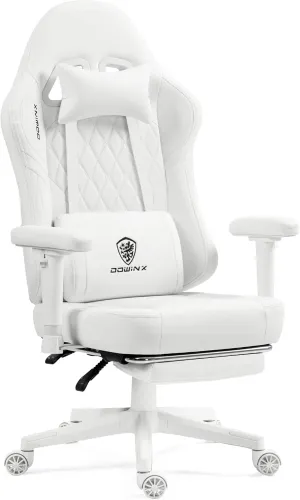 Dowinx Gaming Chair with Pocket Spring Cushion, Massage Gamer Chair Pu Leather with Lumbar Support, Ergonomic Computer Office with Footrest 300lbs for Adult, White