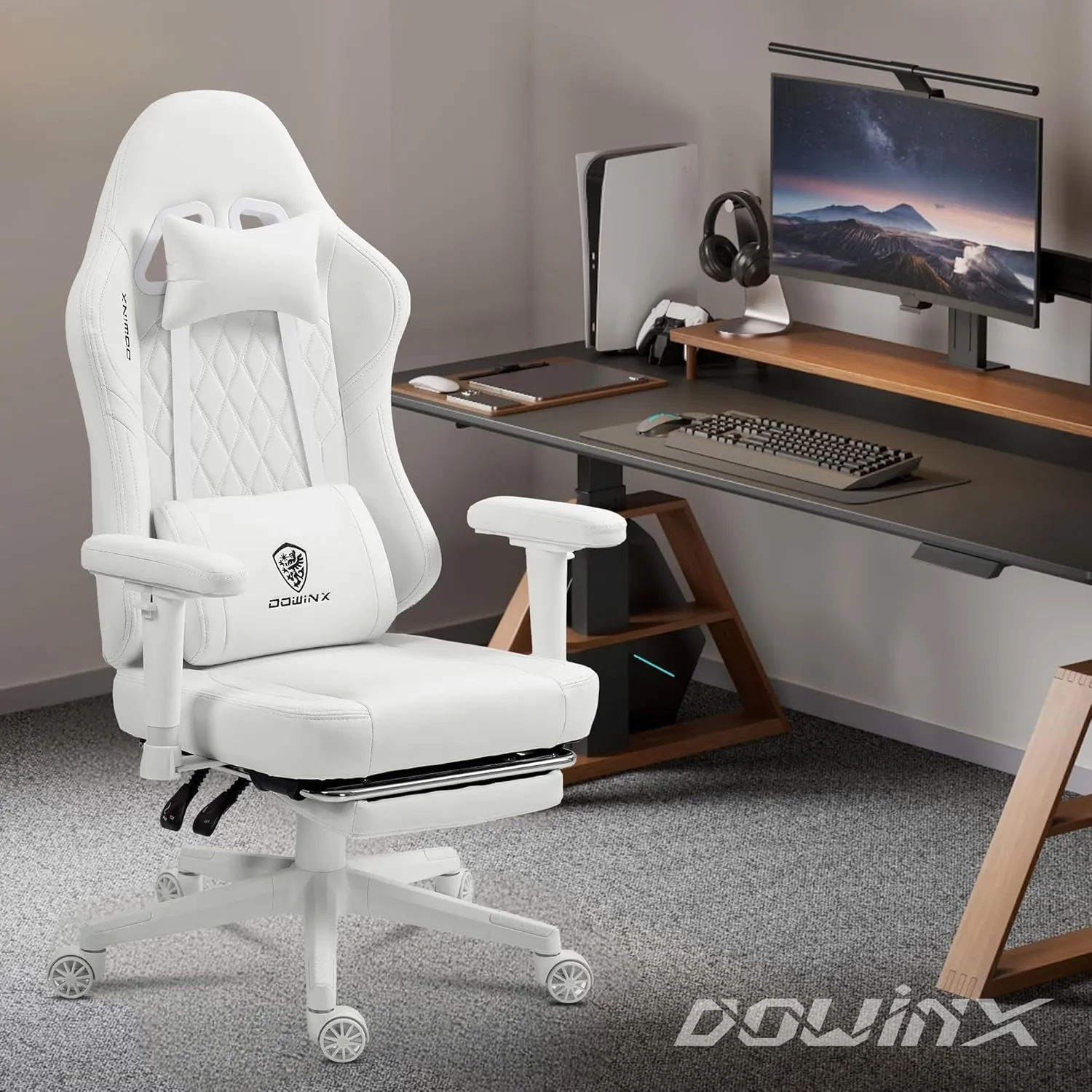 Dowinx Gaming Chair with Pocket Spring Cushion, Massage Gamer Chair Pu Leather with Lumbar Support, Ergonomic Computer Office with Footrest 300lbs for Adult, White