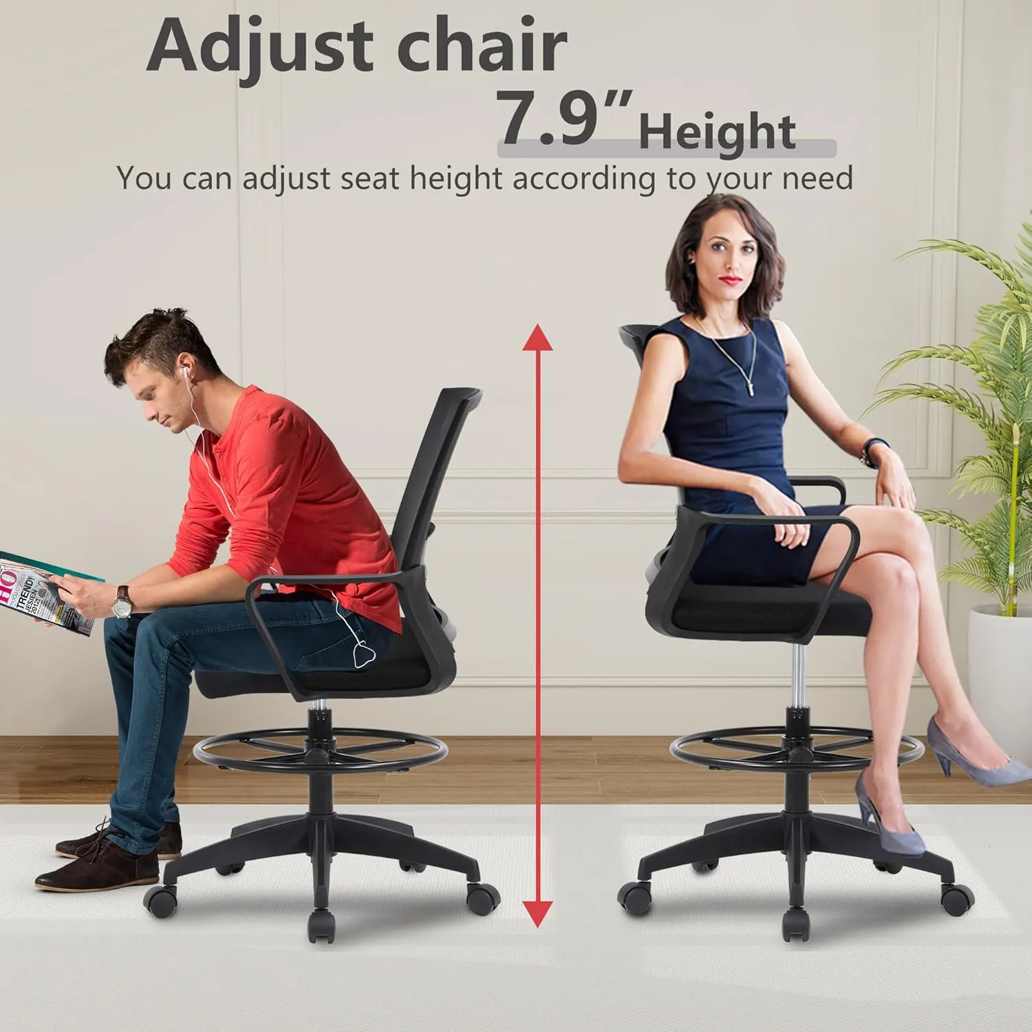 Drafting Chair Tall Office Chair Adjustable Swivel Rolling Mesh Height with Lumbar Support Arms Footrest Mid Back for Adults Standing Desk Drafting Stool (Black)