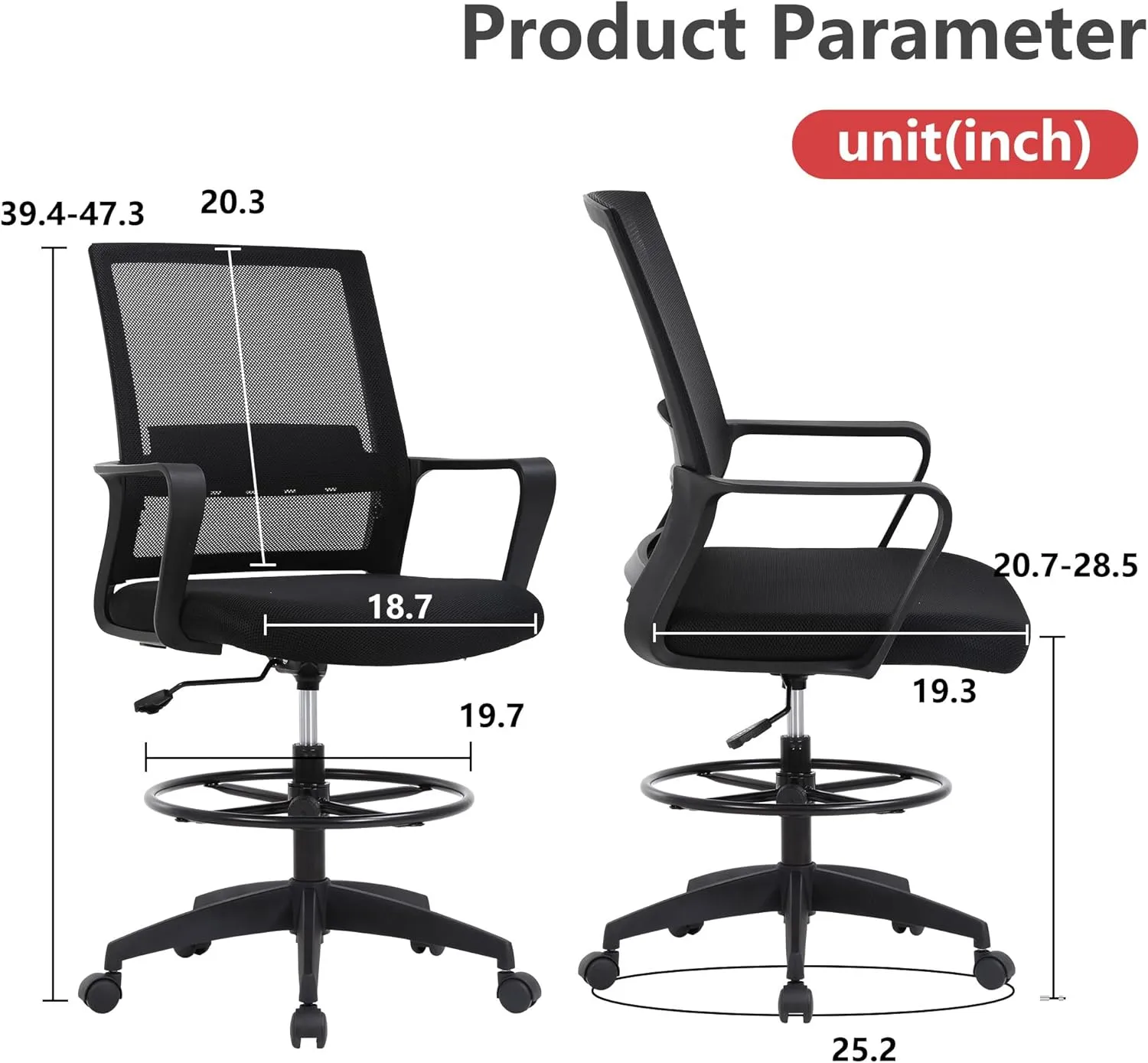 Drafting Chair Tall Office Chair Adjustable Swivel Rolling Mesh Height with Lumbar Support Arms Footrest Mid Back for Adults Standing Desk Drafting Stool (Black)