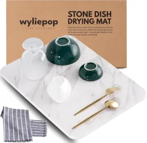 Drying Stone for Kitchen Counter - Modern Diatomaceous Earth Drying Rack for Dishes, Glassware & More - Non-Slip, Heat Resistant & Water Absorbent Dish Drying Matt with Kitchen Towel (White Marble)