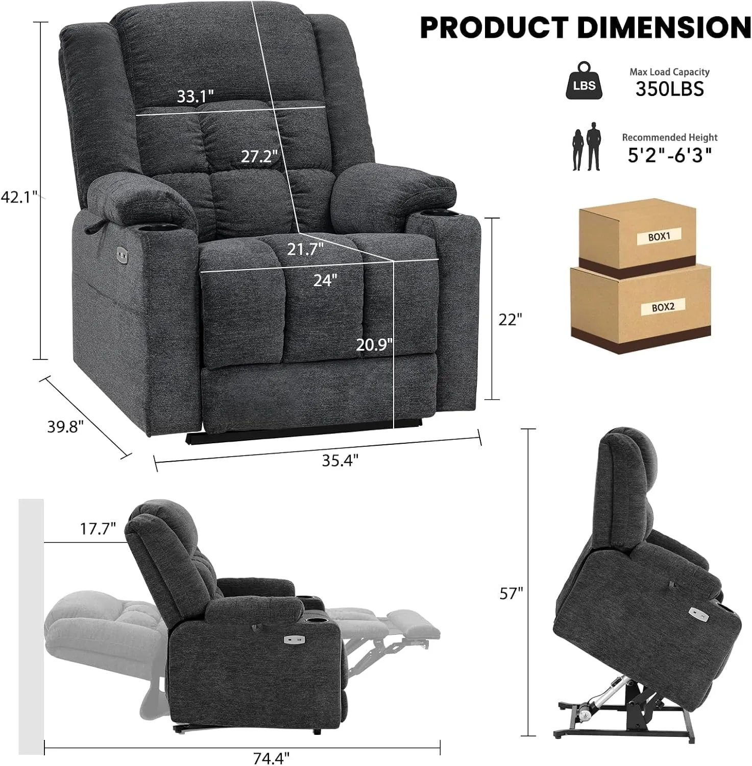 Dual Motor Lay Flat Power Lift Recliner Chair for Elderly, Recliner Lift Chair for Adults, Chair Lift with Cup Holder and Charging Ports, Power Lift Sofa with Heat and Massage, Dark Grey