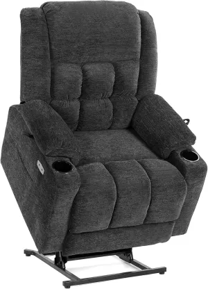 Dual Motor Lay Flat Power Lift Recliner Chair for Elderly, Recliner Lift Chair for Adults, Chair Lift with Cup Holder and Charging Ports, Power Lift Sofa with Heat and Massage, Dark Grey