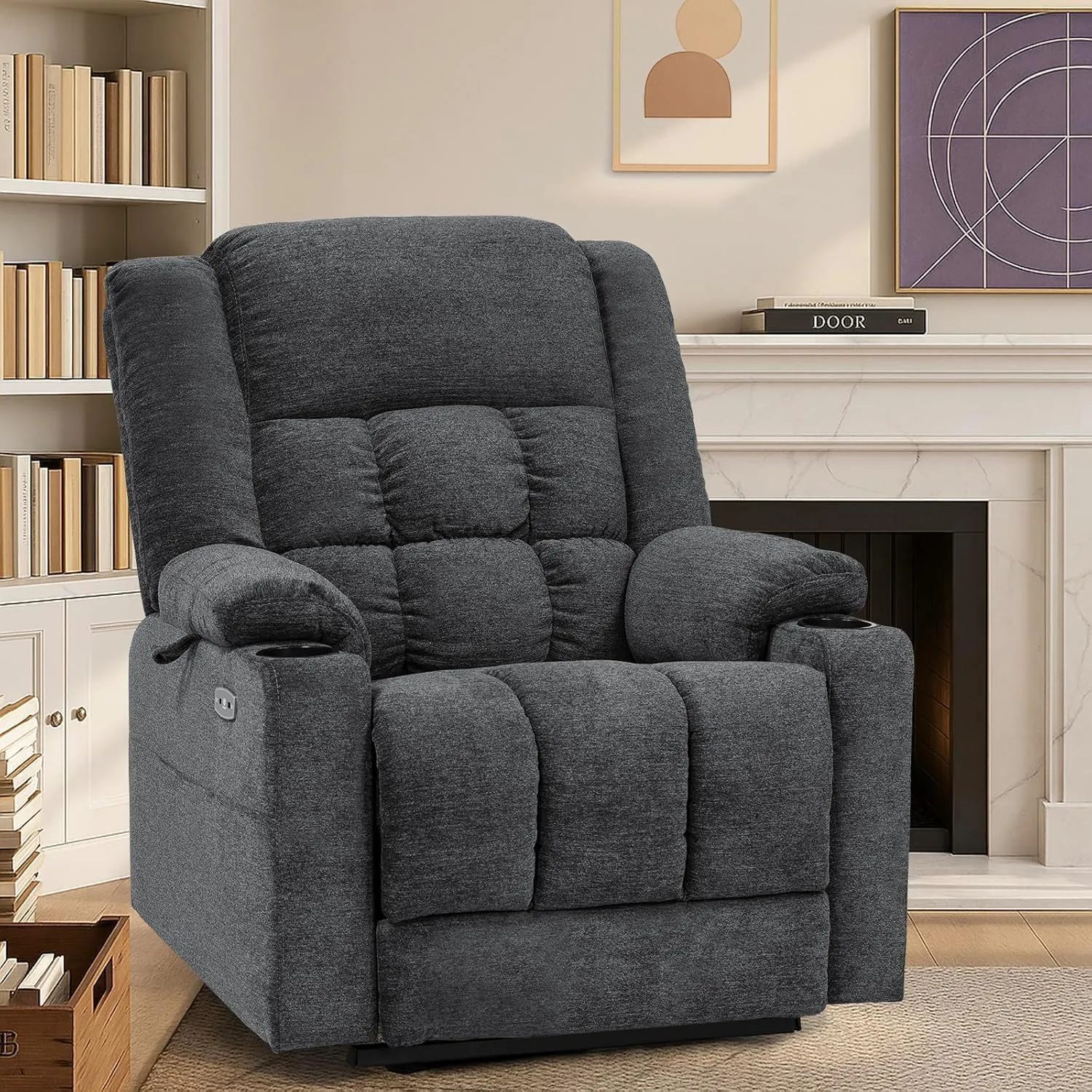Dual Motor Lay Flat Power Lift Recliner Chair for Elderly, Recliner Lift Chair for Adults, Chair Lift with Cup Holder and Charging Ports, Power Lift Sofa with Heat and Massage, Dark Grey