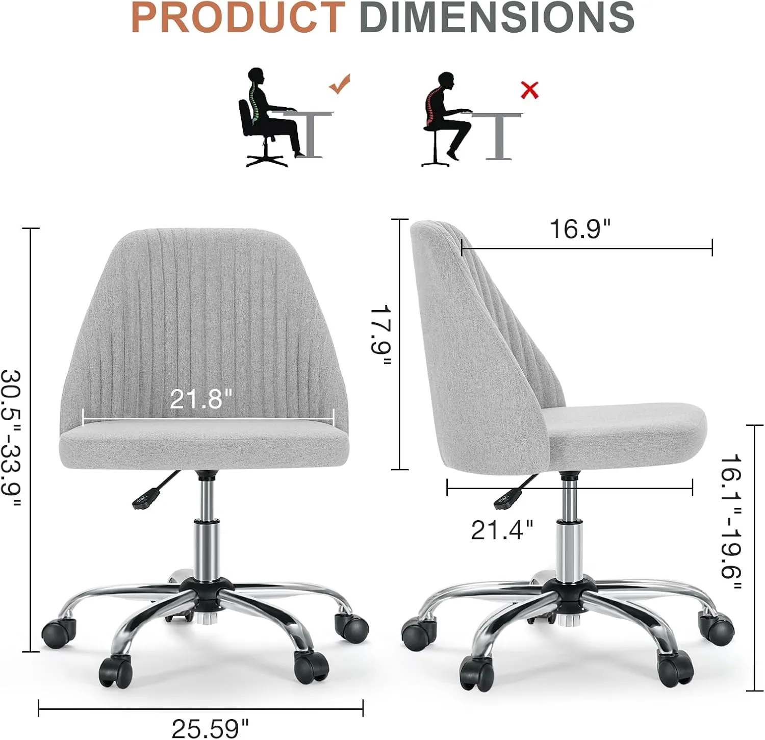 DUMOS Office Desk Chair, Modern Cute Rolling Vanity Swivel Task Chairs with Wheels, Comfortable Back Seat Armless for Home, Bedrooms, Office, Study, Student, Adults, Make-up, Dressing Room, Cloud