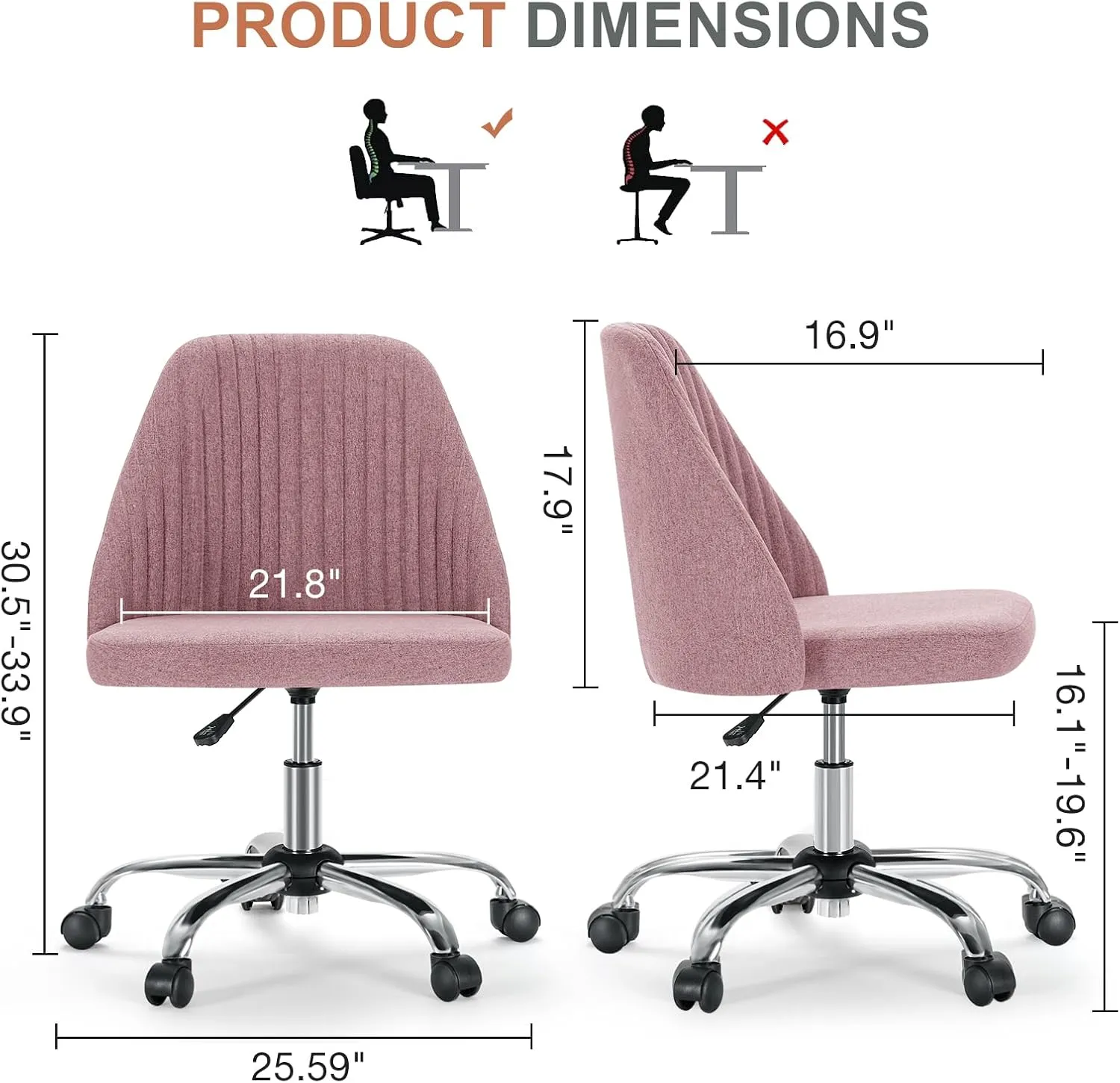 DUMOS Office Desk Chair, Modern Cute Rolling Vanity Swivel Task Seating with Wheels, Comfortable Back Seat Armless for Home, Bedrooms, Study, Student, Adults, Make-Up, Dressing Room