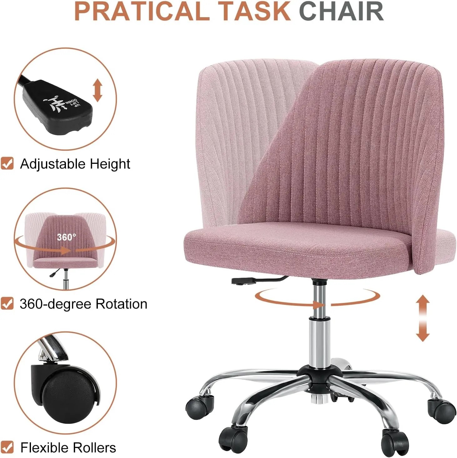 DUMOS Office Desk Chair, Modern Cute Rolling Vanity Swivel Task Seating with Wheels, Comfortable Back Seat Armless for Home, Bedrooms, Study, Student, Adults, Make-Up, Dressing Room