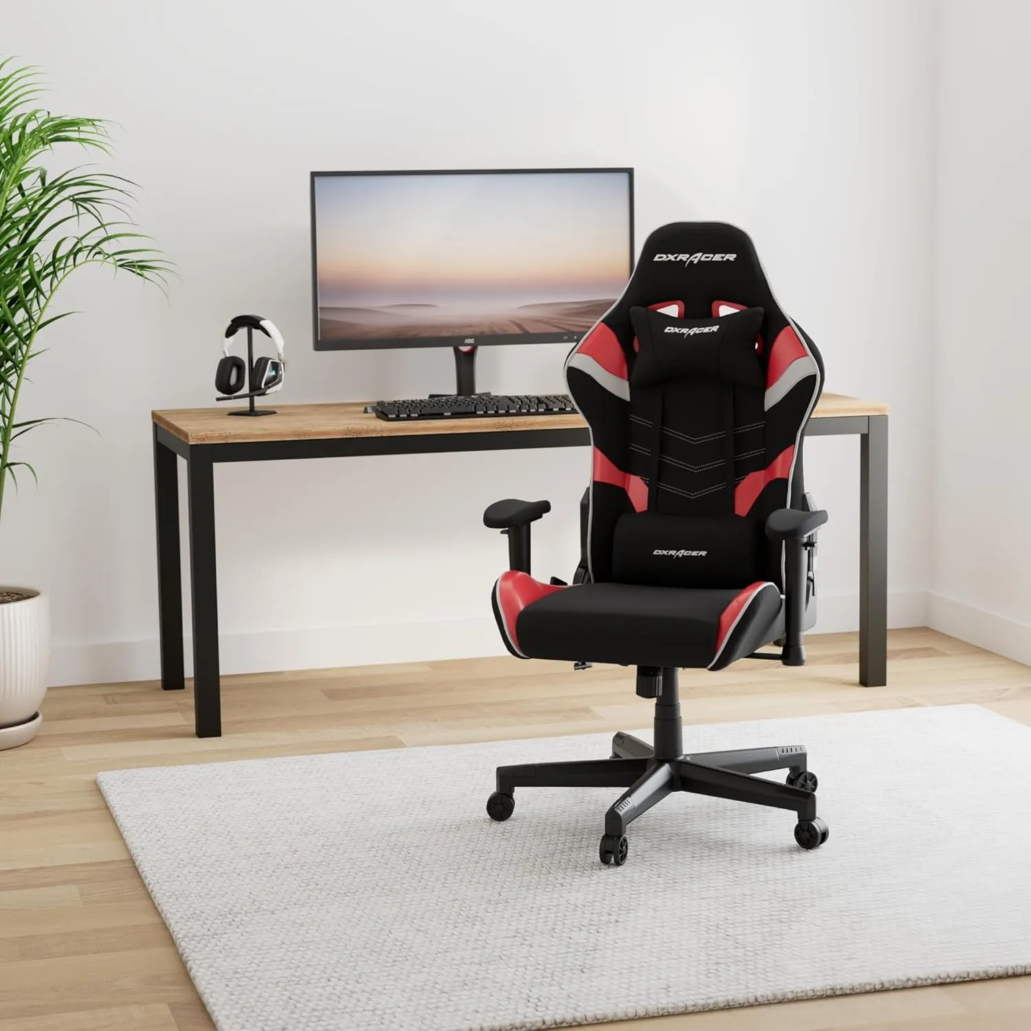 DXRacer P Series Gaming Chair, Premium PVC Leather Racing Style Office Computer Seat Recliner with Ergonomic Headrest and Lumbar Support, Black and Red