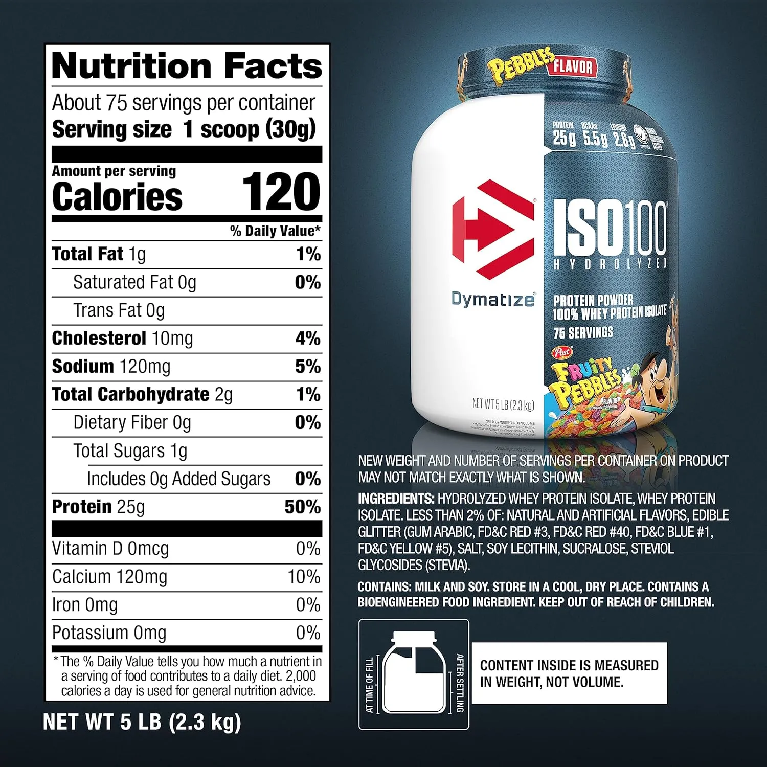 Dymatize x Fruity Pebbles ISO100 Whey Protein Powder Isolate, 25g of Protein, 75 Servings, 5.5g BCAAs, 120 Cal., Gluten Free, 1g Fat, 1g Sugar, 2g Carb