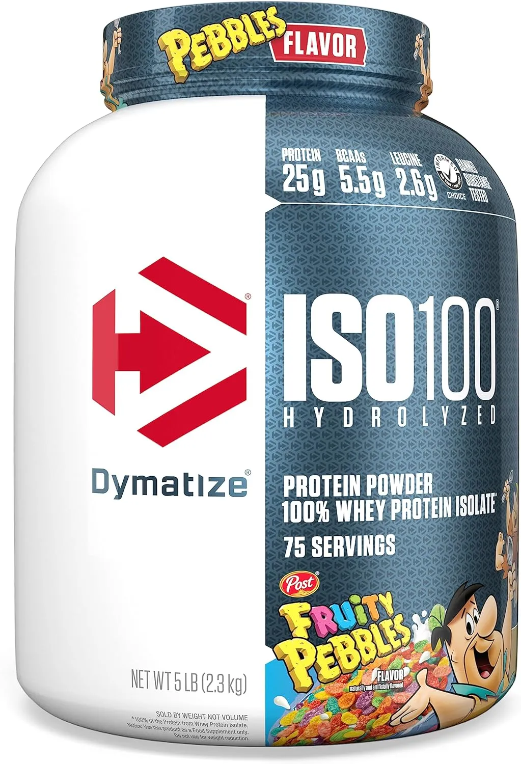 Dymatize x Fruity Pebbles ISO100 Whey Protein Powder Isolate, 25g of Protein, 75 Servings, 5.5g BCAAs, 120 Cal., Gluten Free, 1g Fat, 1g Sugar, 2g Carb
