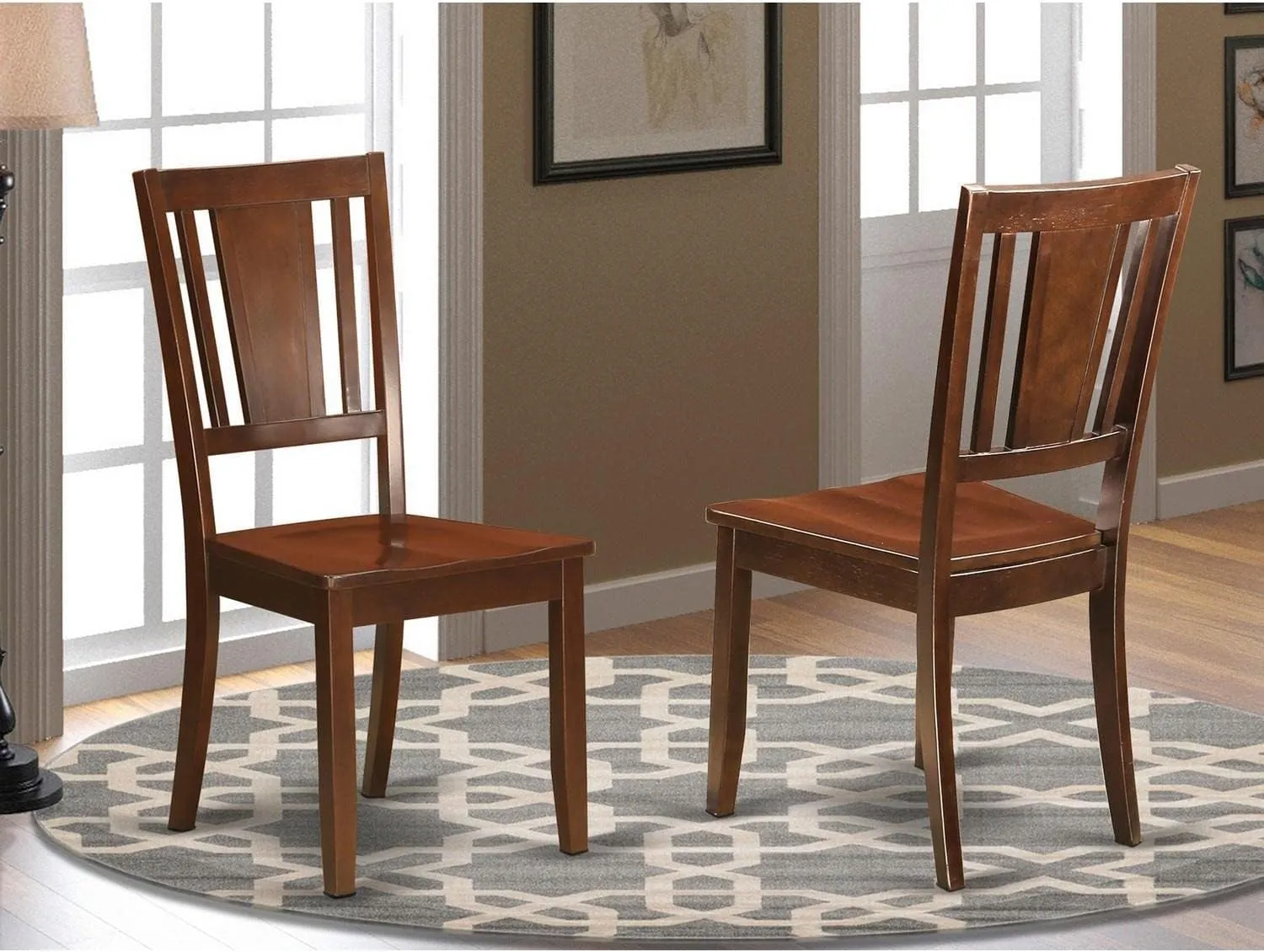 East West Furniture DUC-MAH-W Dudley Dining Room Chairs - Slat Back Wood Seat Chairs, Set of 2, Mahogany