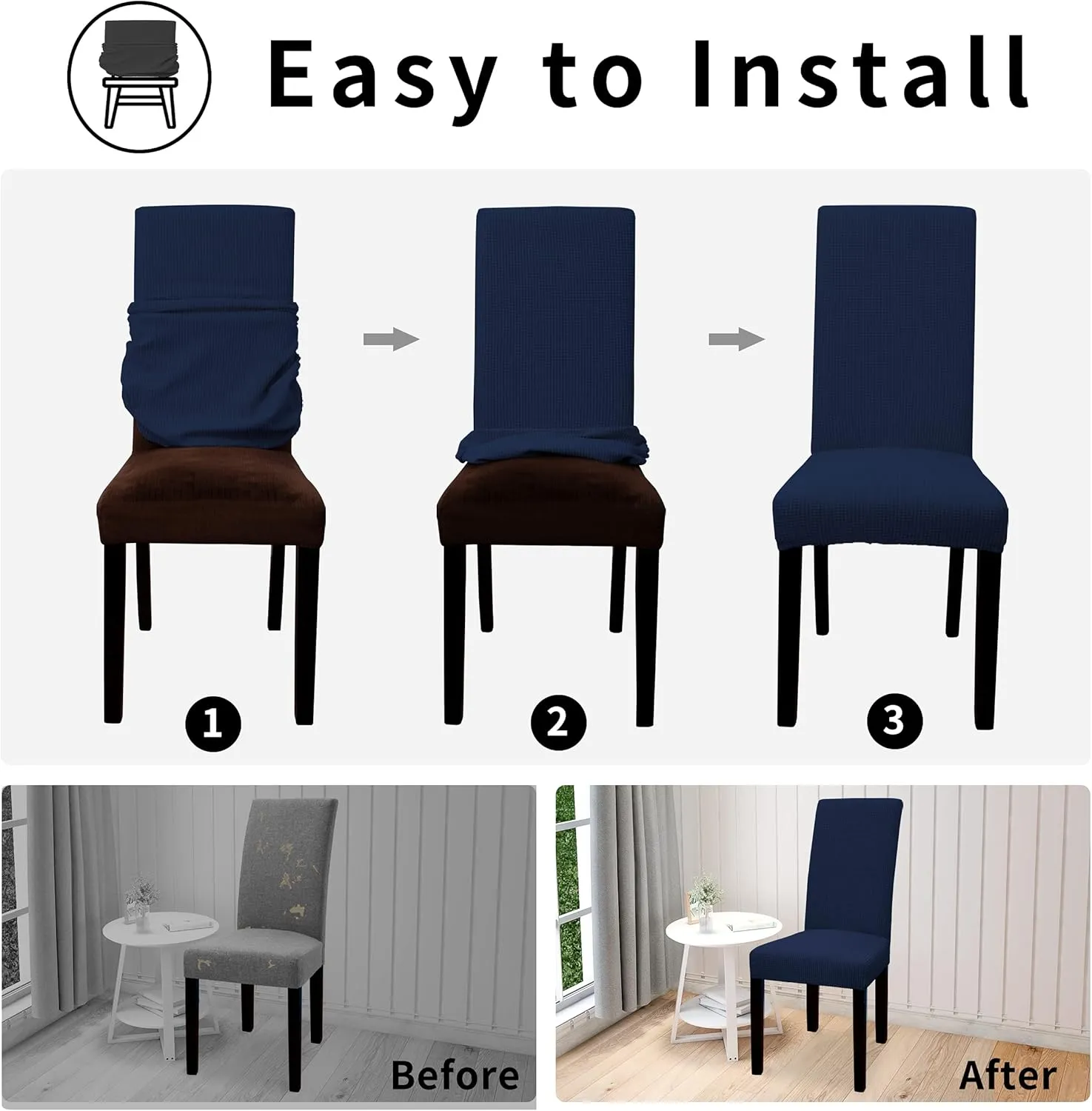 Easy-Going 100% Waterproof Dining Room Chair Cover Set of 6, Stretch Jacquard Parson Chair Slipcover Removable Washable Chair Protector for Home, Restaurant, Banquet (Large, Navy