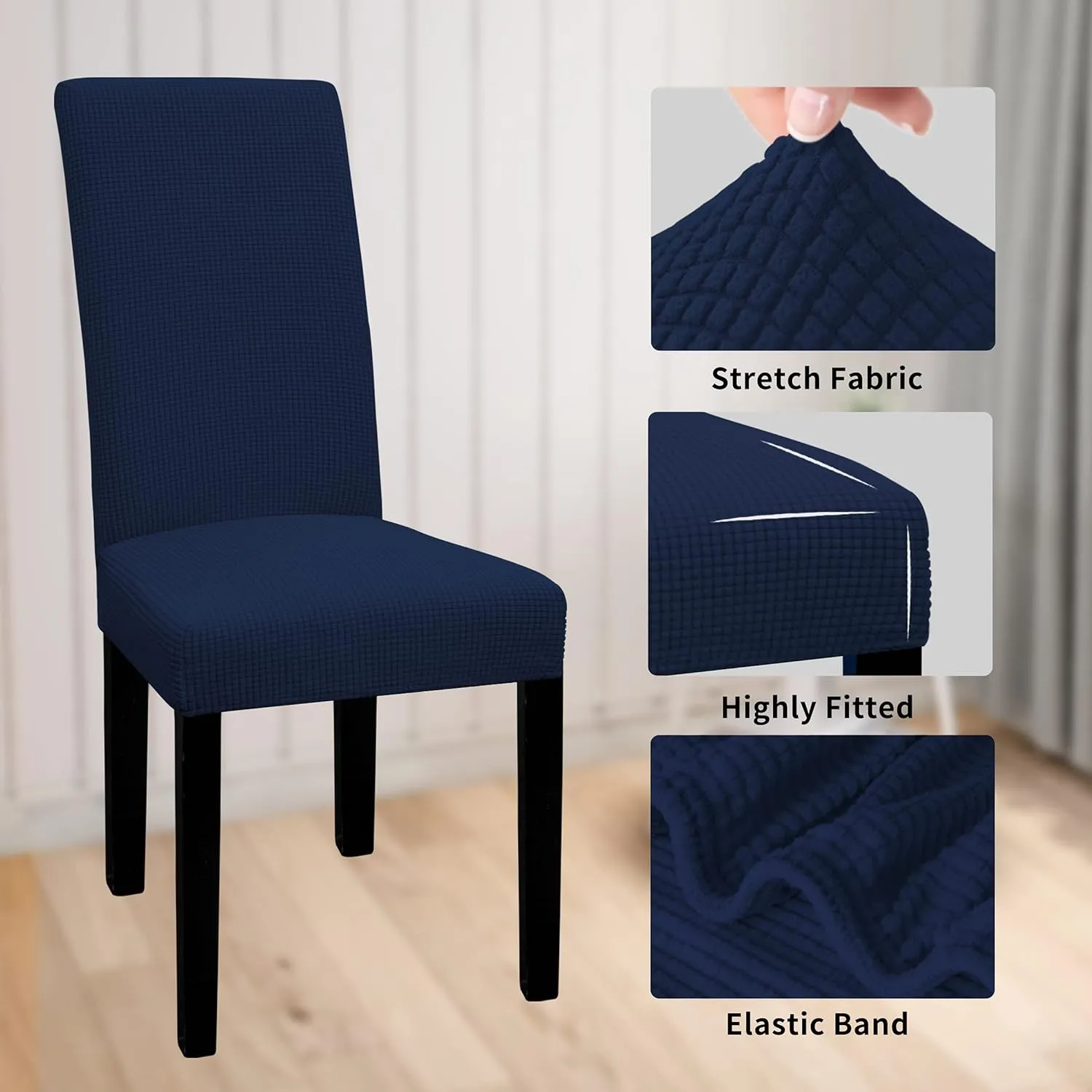Easy-Going 100% Waterproof Dining Room Chair Cover Set of 6, Stretch Jacquard Parson Chair Slipcover Removable Washable Chair Protector for Home, Restaurant, Banquet (Large, Navy
