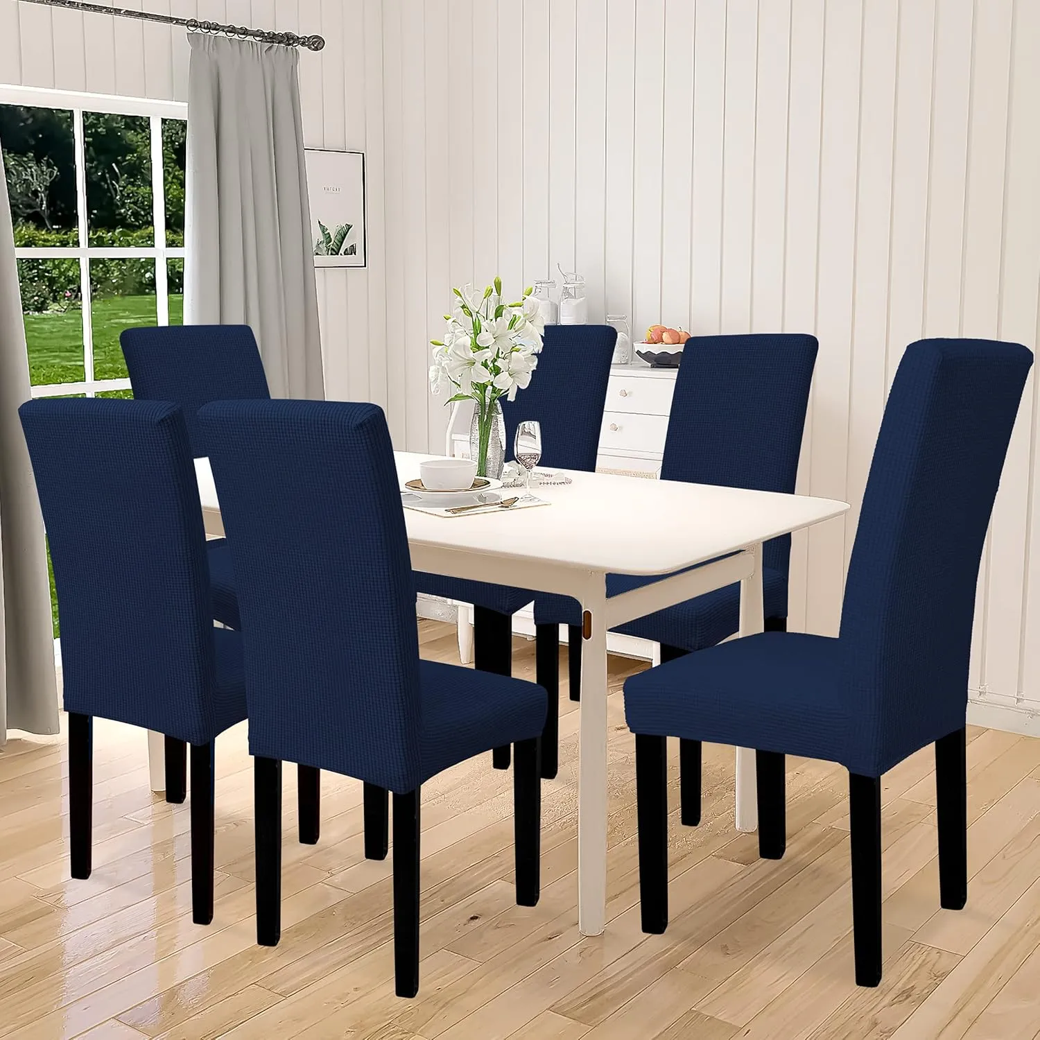 Easy-Going 100% Waterproof Dining Room Chair Cover Set of 6, Stretch Jacquard Parson Chair Slipcover Removable Washable Chair Protector for Home, Restaurant, Banquet (Large, Navy