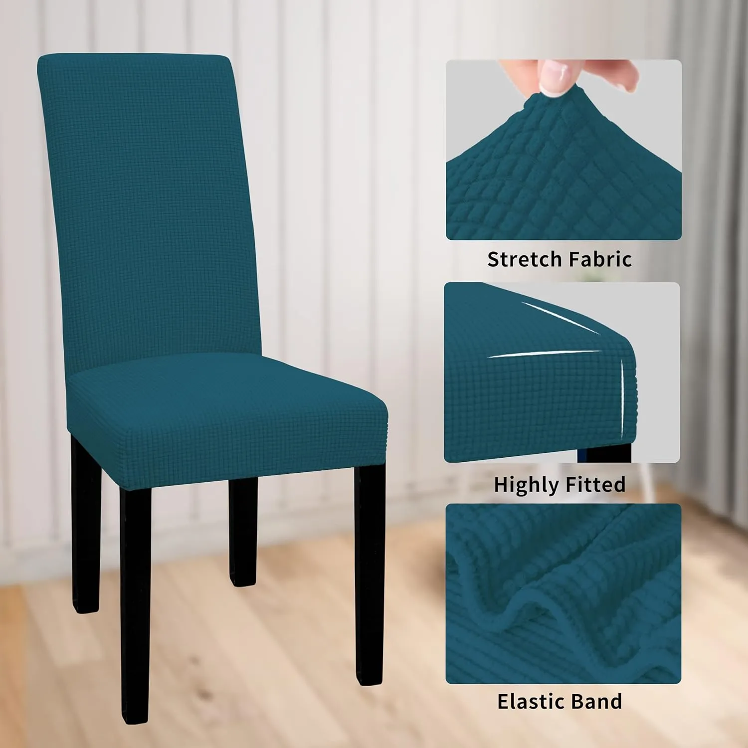 Easy-Going 100% Waterproof Dining Room Chair Cover Set of 6, Stretch Jacquard Parson Chair Slipcover Removable Washable Chair Protector for Home, Restaurant, Banquet (Large, Peacock Blue)