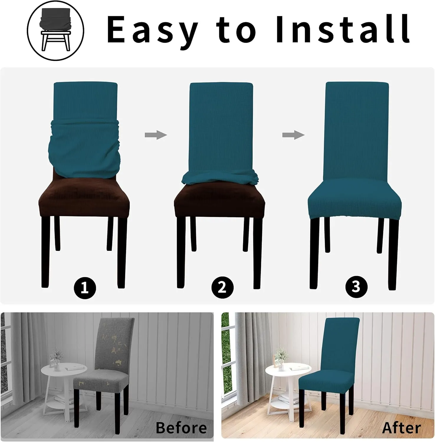 Easy-Going 100% Waterproof Dining Room Chair Cover Set of 6, Stretch Jacquard Parson Chair Slipcover Removable Washable Chair Protector for Home, Restaurant, Banquet (Large, Peacock Blue)