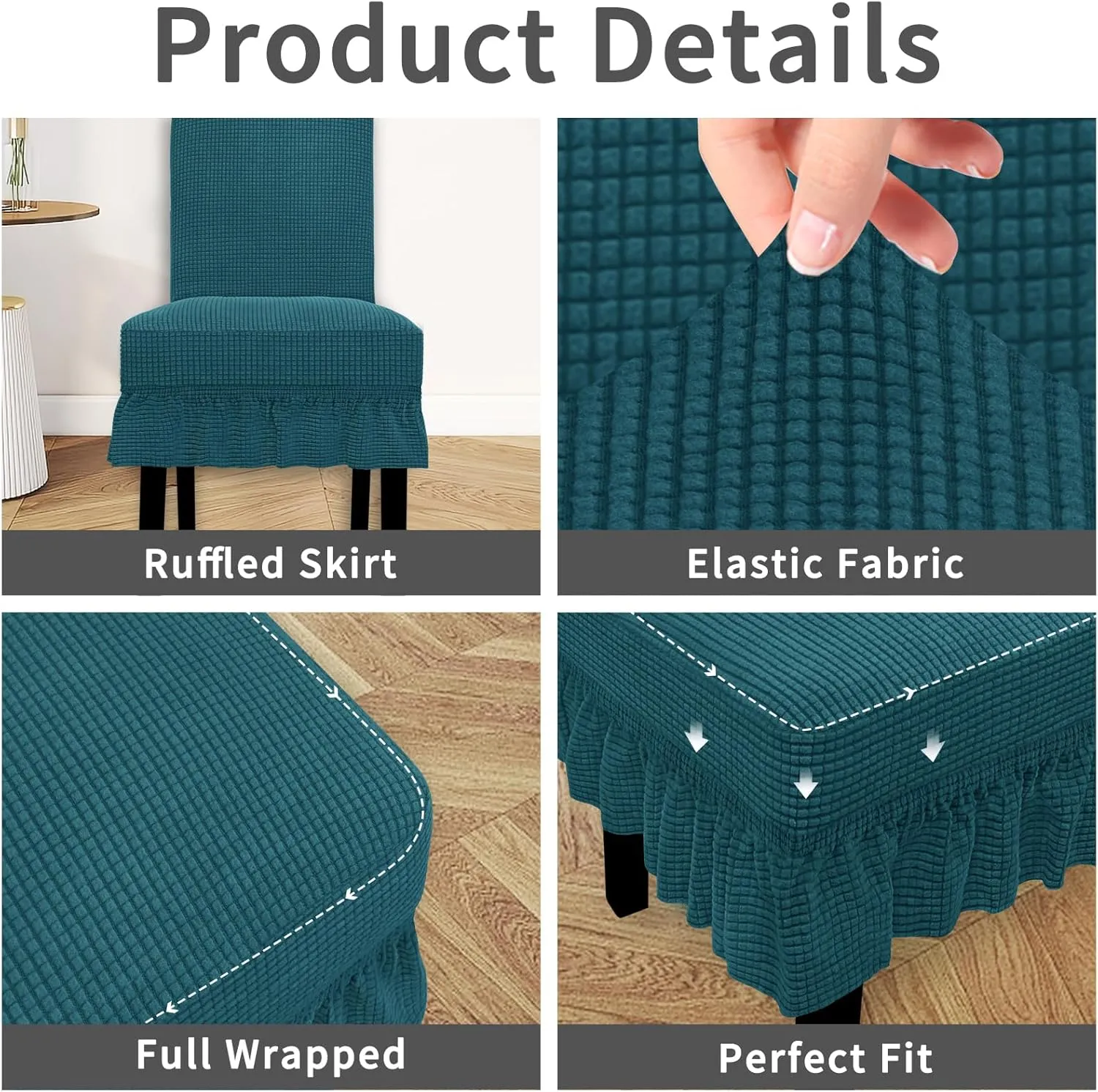Easy-Going Dining Chair Covers Stretch Parsons Chair Slipcover with Skirt Chair Covers for Dining Room Restaurant Banquet (6 PCS, Peacock Blue)