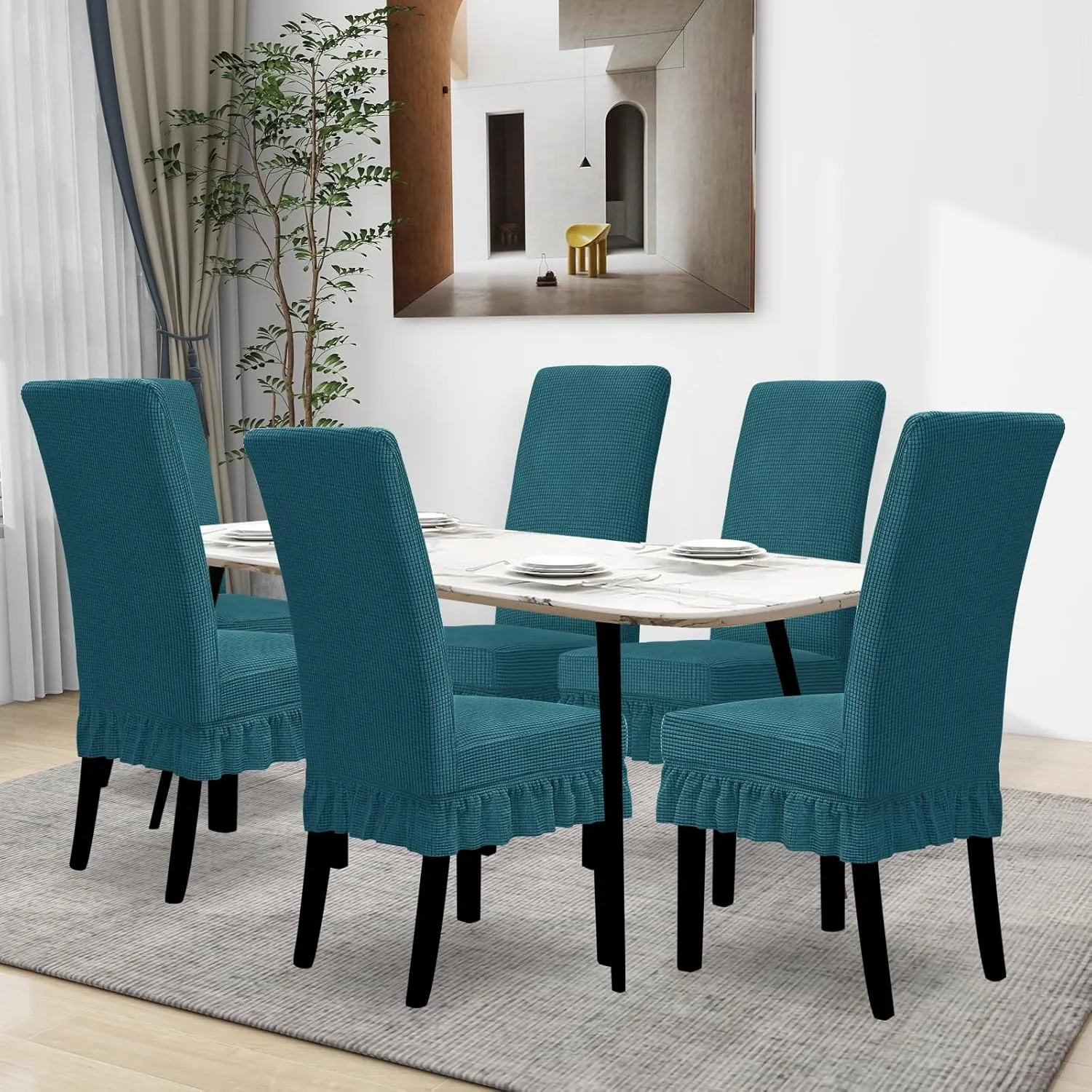 Easy-Going Dining Chair Covers Stretch Parsons Chair Slipcover with Skirt Chair Covers for Dining Room Restaurant Banquet (6 PCS, Peacock Blue)