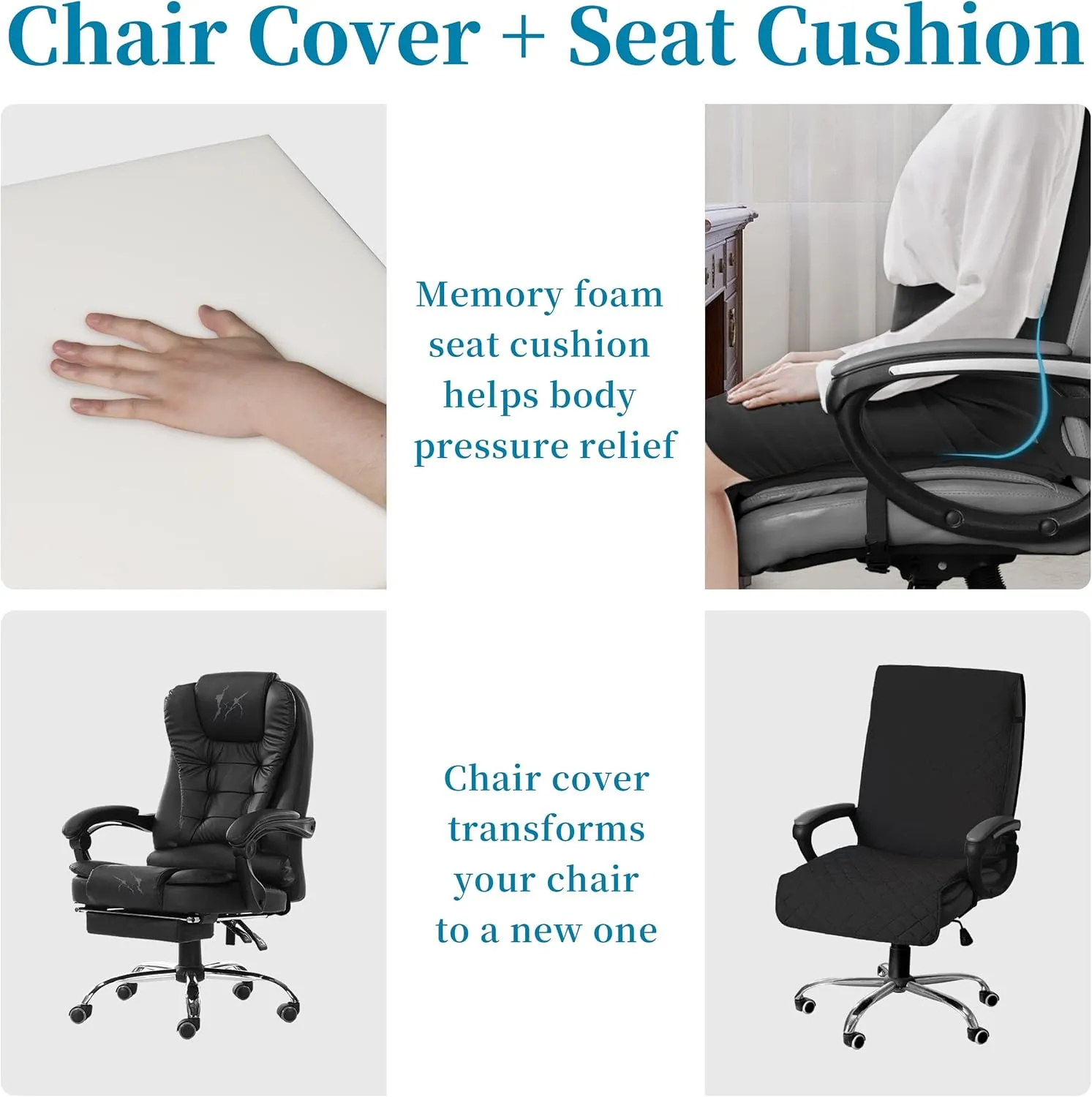 Easy-Going Quilted Microfiber Office Chair Cover with Soft Memory Foam Seat Cushion Water Resistant Desk Computer Chair Slipcover Anti-Slip Chair Protector (Large, Black)