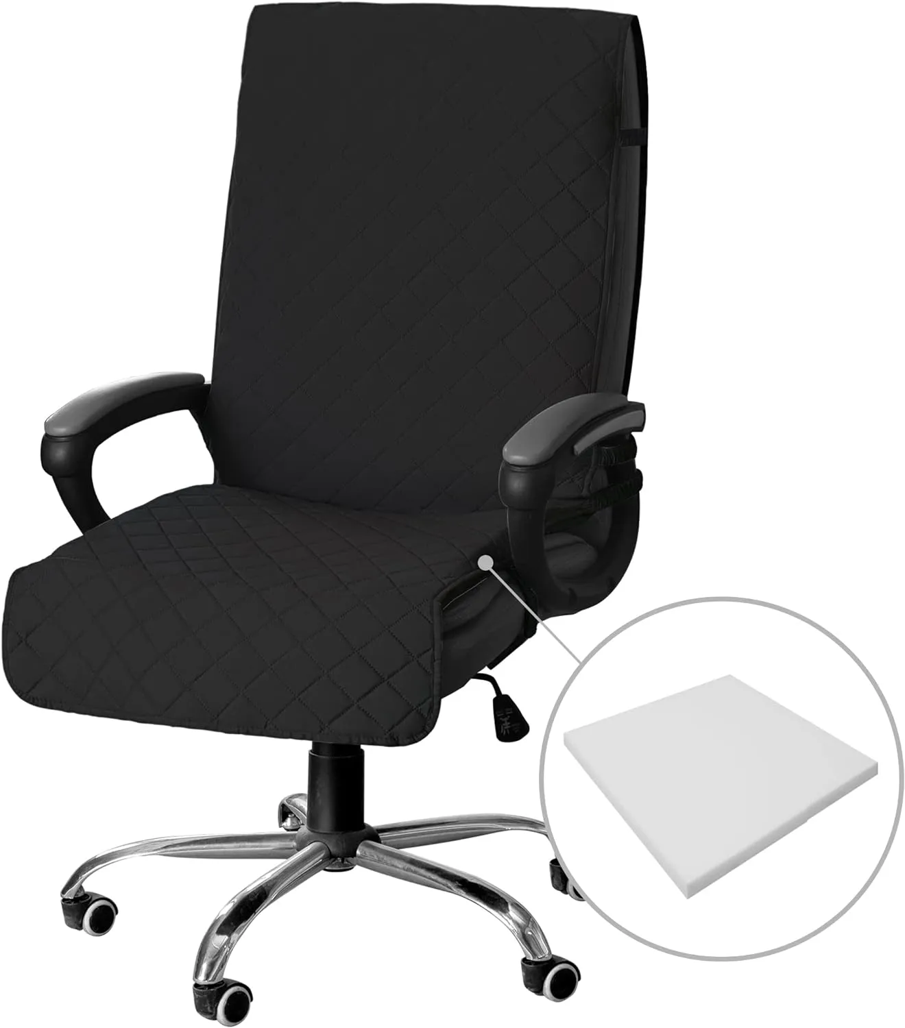 Easy-Going Quilted Microfiber Office Chair Cover with Soft Memory Foam Seat Cushion Water Resistant Desk Computer Chair Slipcover Anti-Slip Chair Protector (Large, Black)