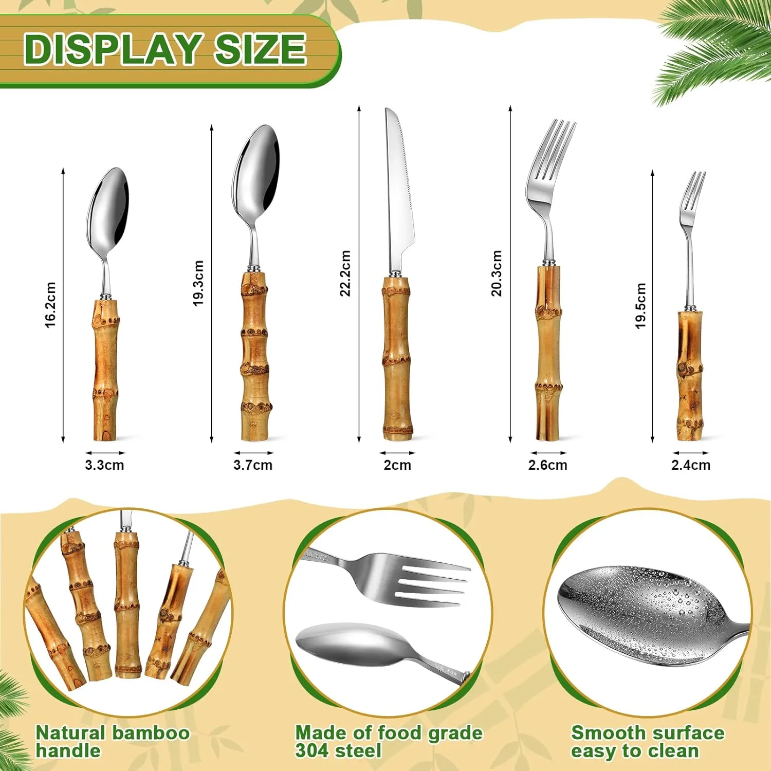 Eboot Bamboo Silverware Set 18/8 Stainless Steel Tableware Set Natural Utensil Flatware Kit Spoon Fork Knives Bamboo Handle Cutlery for Kitchen Wedding Home Restaurant Party(Silver,30 Pieces)