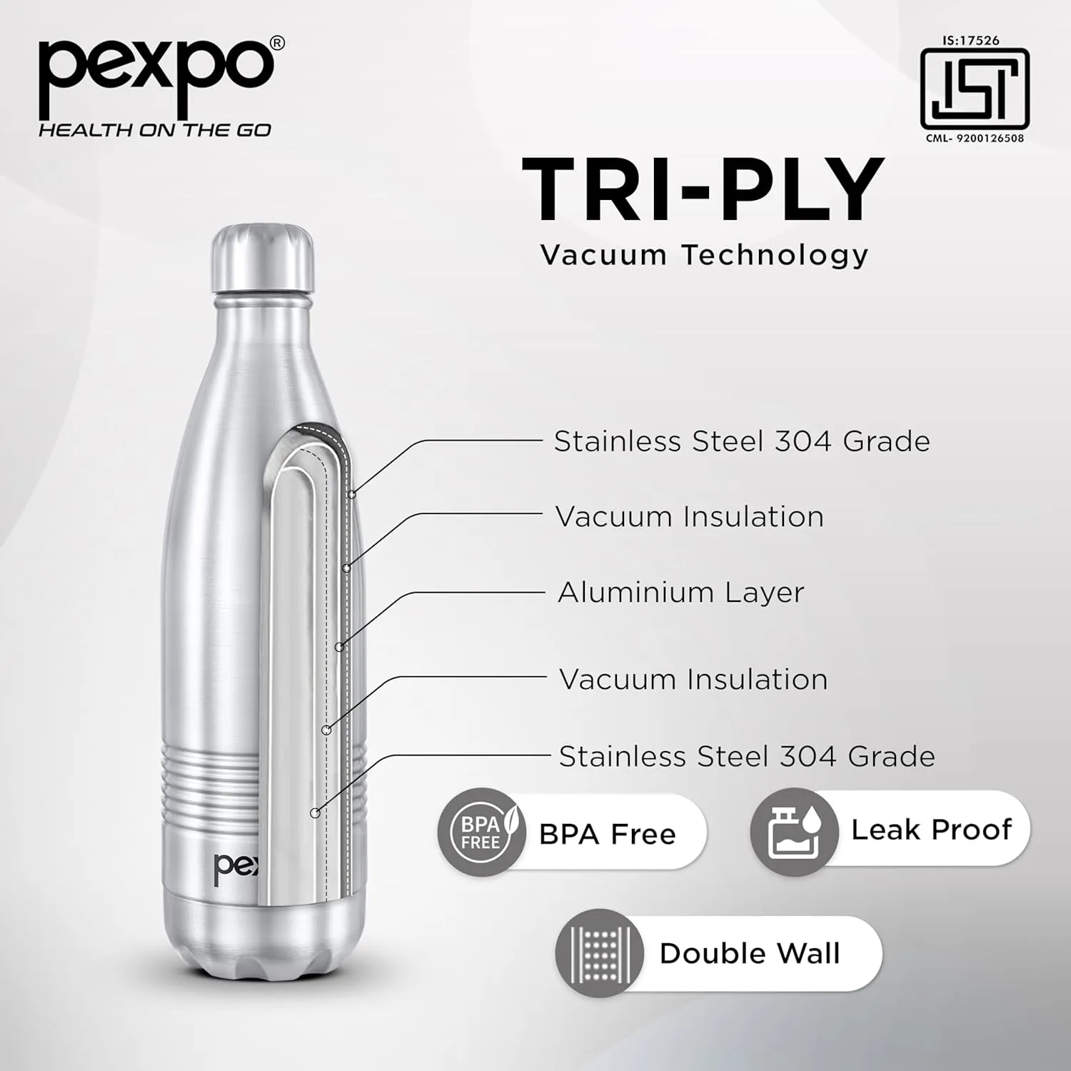 Echo DLX Hot & Cold ISI Certified Flask | 1000ml | 33 oz Stainless Steel Water Bottle Silver| Office Bottle | Workout | Travelling | Home