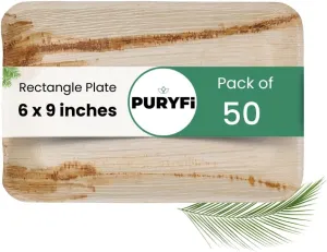 Eco-Friendly Palm Leaf Rectangle Plates 6 x 9 inches - Bamboo Style (Pack of 50), Sustainable, Decorative & Compostable Tableware (Rectangle Plates)