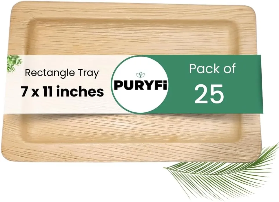 Eco-Friendly Palm Leaf Rectangle Tray 7 x 11 inches - Bamboo Style (Pack of 25), Sustainable, Decorative & Compostable Tableware (Rectangle Tray)