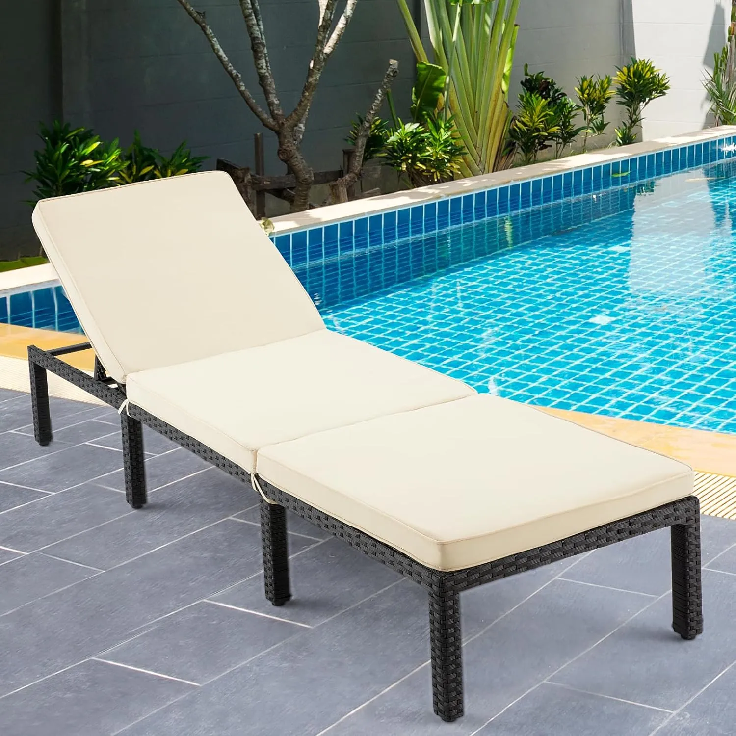 ECOTOUGE Outdoor Chaise Lounge Chair, PE Wicker Lounger Recliner with 5-Position Adjustable Backrest & Removable Cushion, Patio Reclining Chaise Chair for Poolside & Sunbathing, Khaki