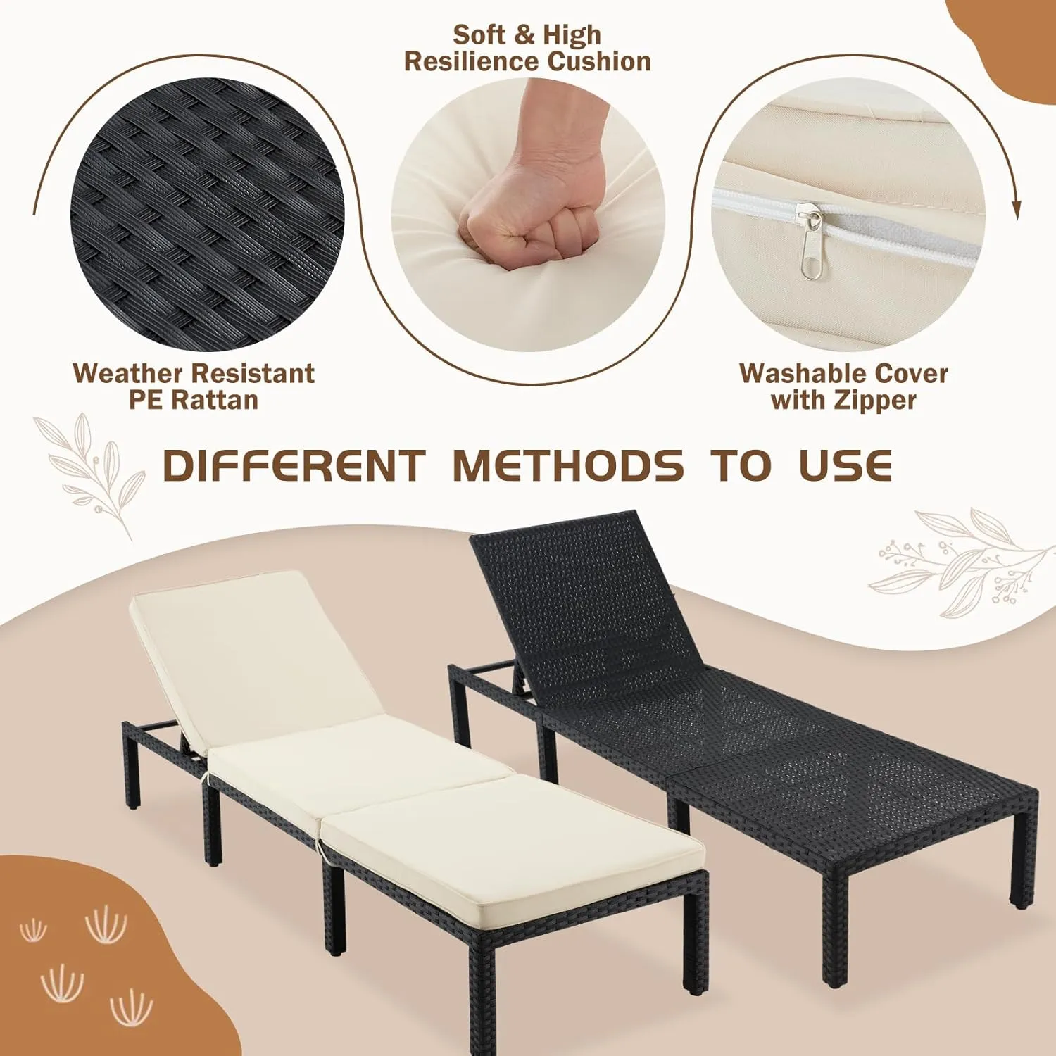 ECOTOUGE Outdoor Chaise Lounge Chair, PE Wicker Lounger Recliner with 5-Position Adjustable Backrest & Removable Cushion, Patio Reclining Chaise Chair for Poolside & Sunbathing, Khaki