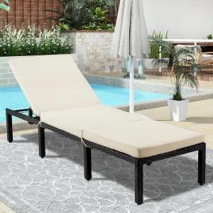ECOTOUGE Outdoor Chaise Lounge Chair, PE Wicker Lounger Recliner with 5-Position Adjustable Backrest & Removable Cushion, Patio Reclining Chaise Chair for Poolside & Sunbathing, Khaki