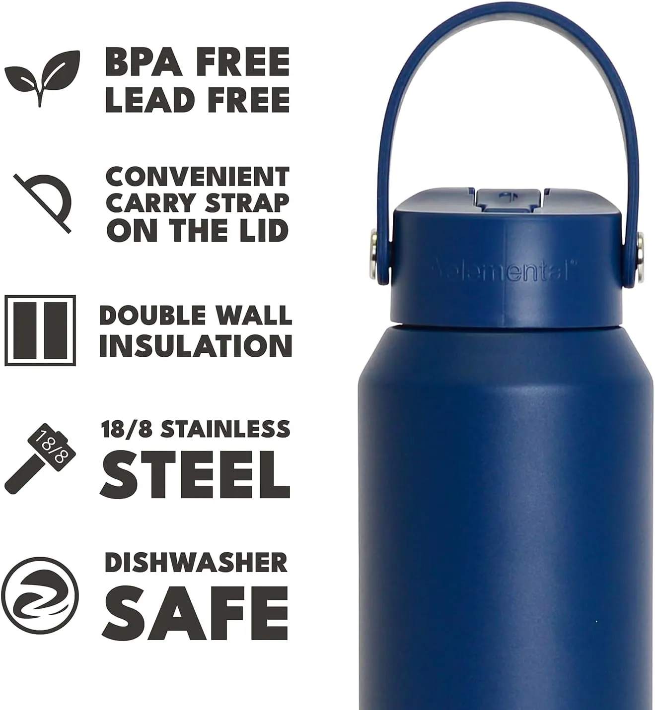 Elemental Core Stainless Steel Water Bottle with Straw - Leak Proof Double Wall Insulated Water Bottles for Travel, Sports and Gym - BPA Free Sport Thermos with Flip-up Straws - 40oz, Navy