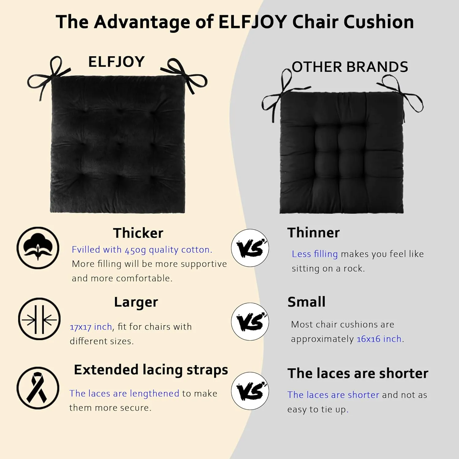 ELFJOY Rocking Chair Cushion Large Rocking Chair Pads with Ties Premium Tufted High Back and Seat Cushion 2 Piece Set Black