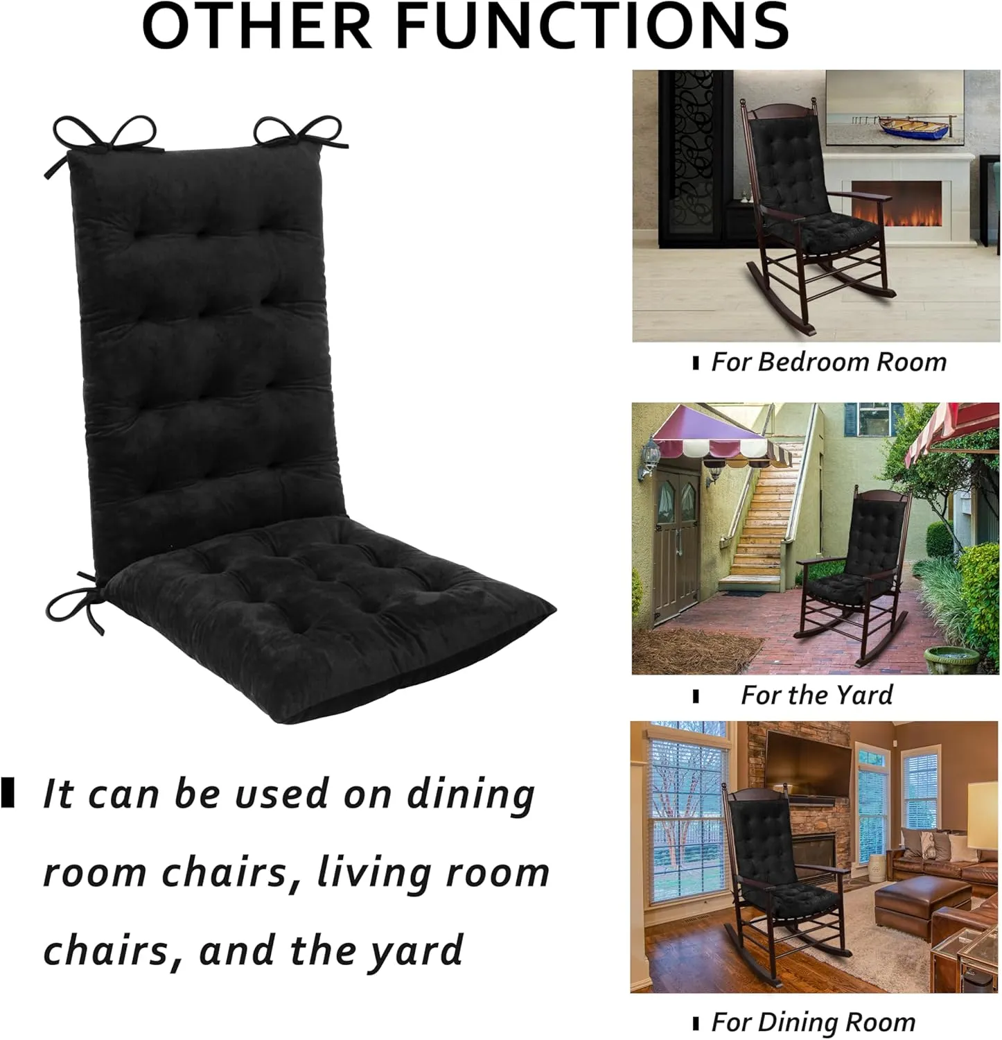 ELFJOY Rocking Chair Cushion Large Rocking Chair Pads with Ties Premium Tufted High Back and Seat Cushion 2 Piece Set Black