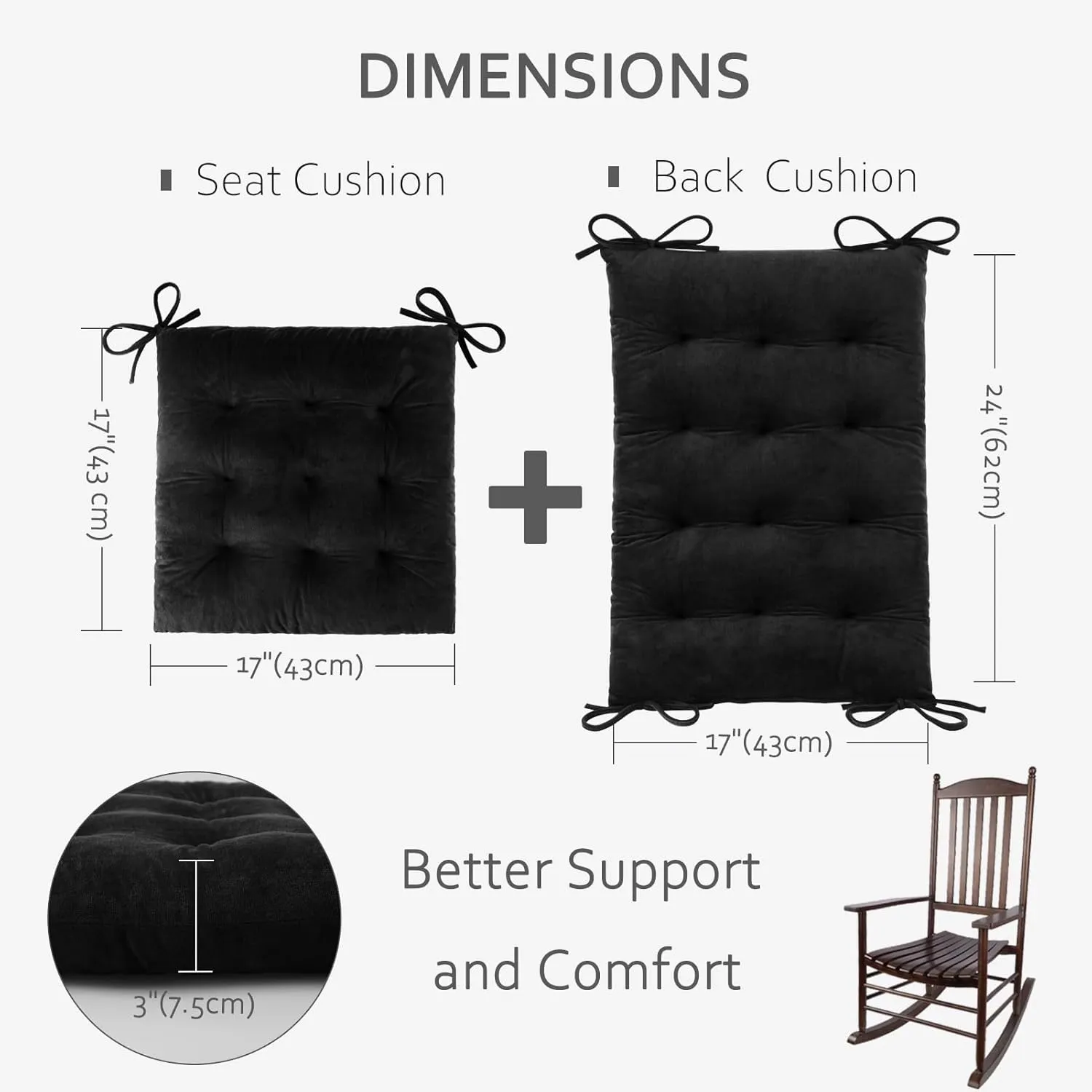 ELFJOY Rocking Chair Cushion Large Rocking Chair Pads with Ties Premium Tufted High Back and Seat Cushion 2 Piece Set Black