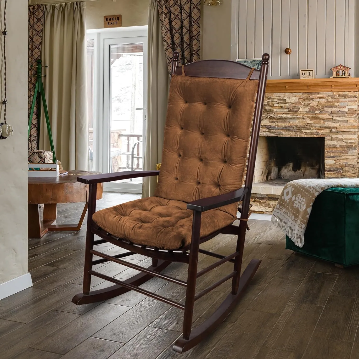 ELFJOY Rocking Chair Cushion Large Rocking Chair Pads with Ties Premium Tufted High Back and Seat Cushion 2 Piece Set Brown