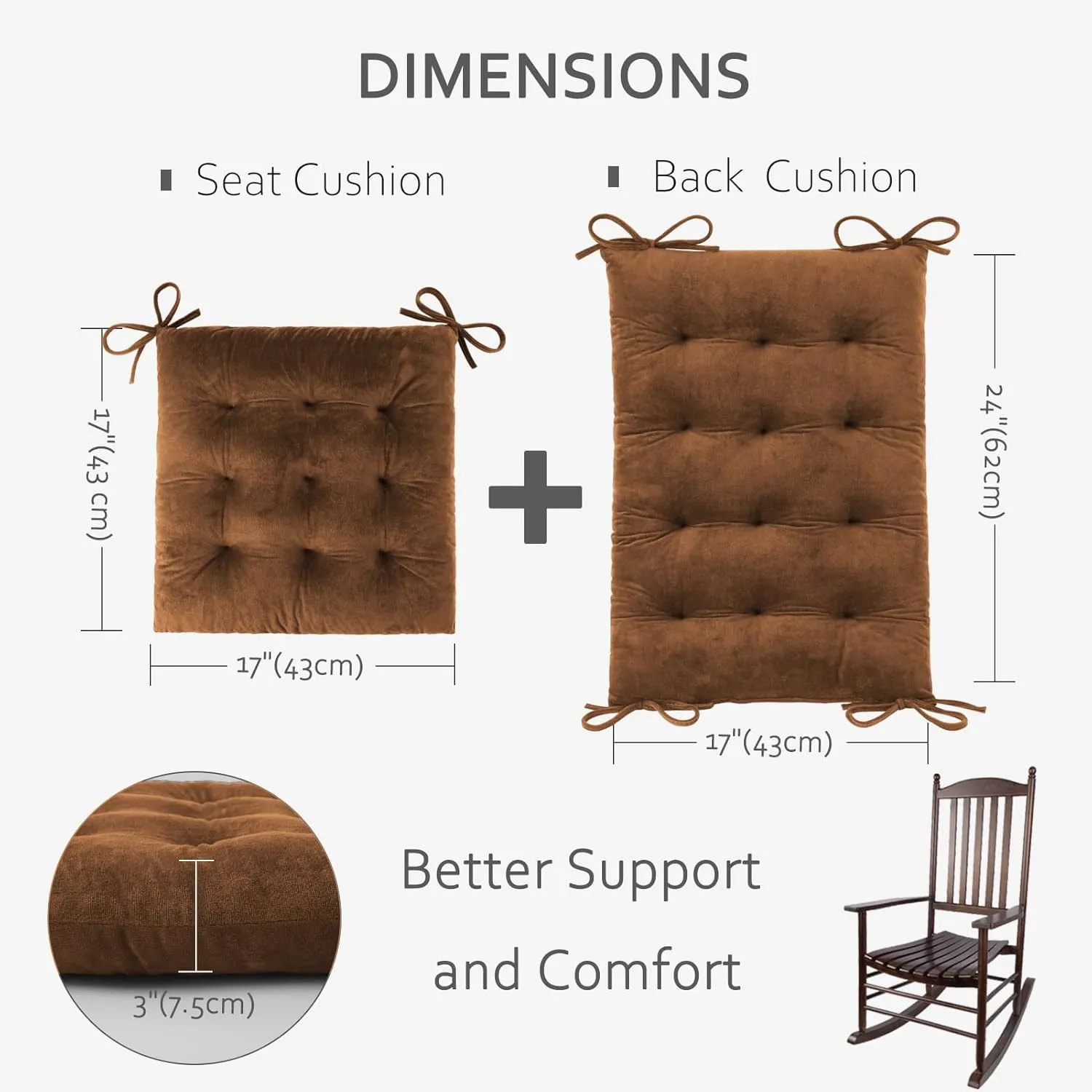 ELFJOY Rocking Chair Cushion Large Rocking Chair Pads with Ties Premium Tufted High Back and Seat Cushion 2 Piece Set Brown