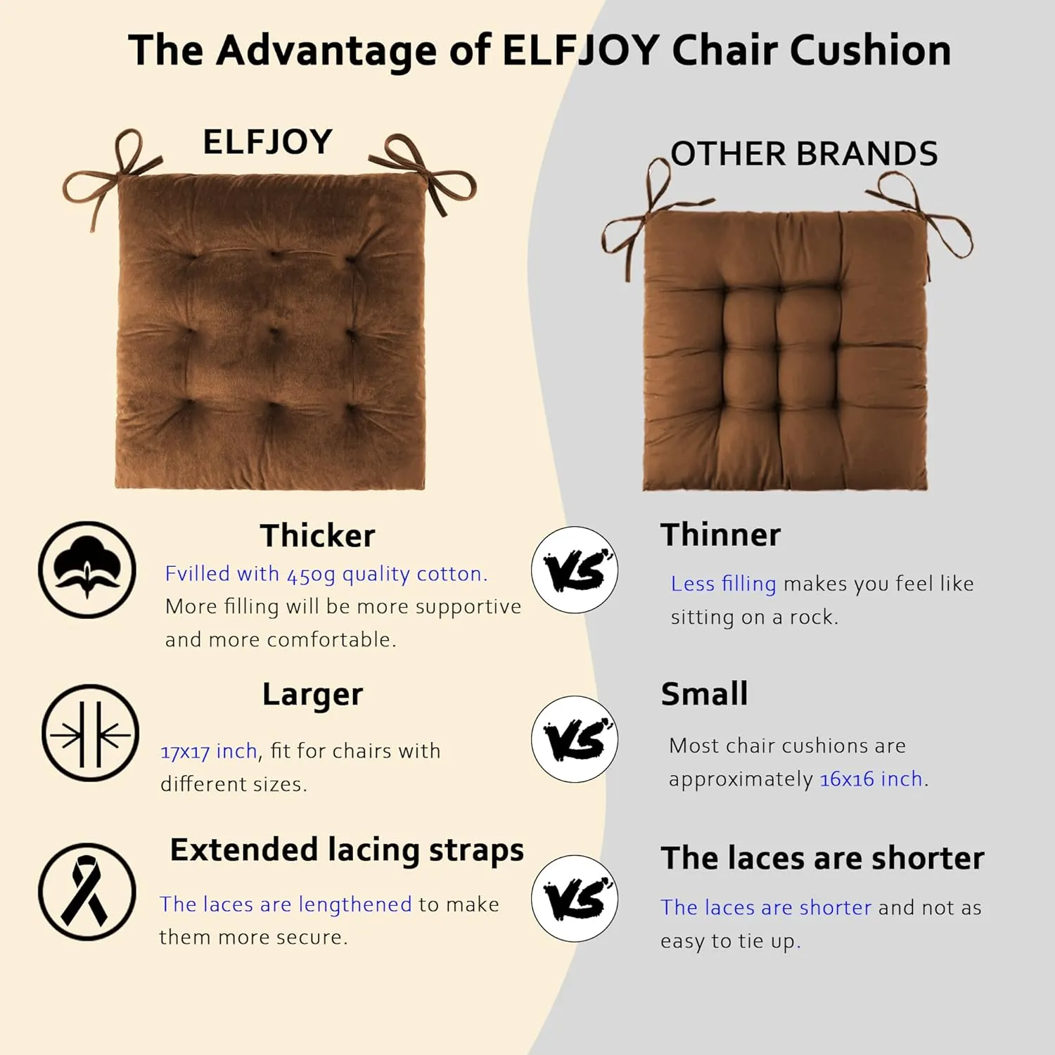 ELFJOY Rocking Chair Cushion Large Rocking Chair Pads with Ties Premium Tufted High Back and Seat Cushion 2 Piece Set Brown