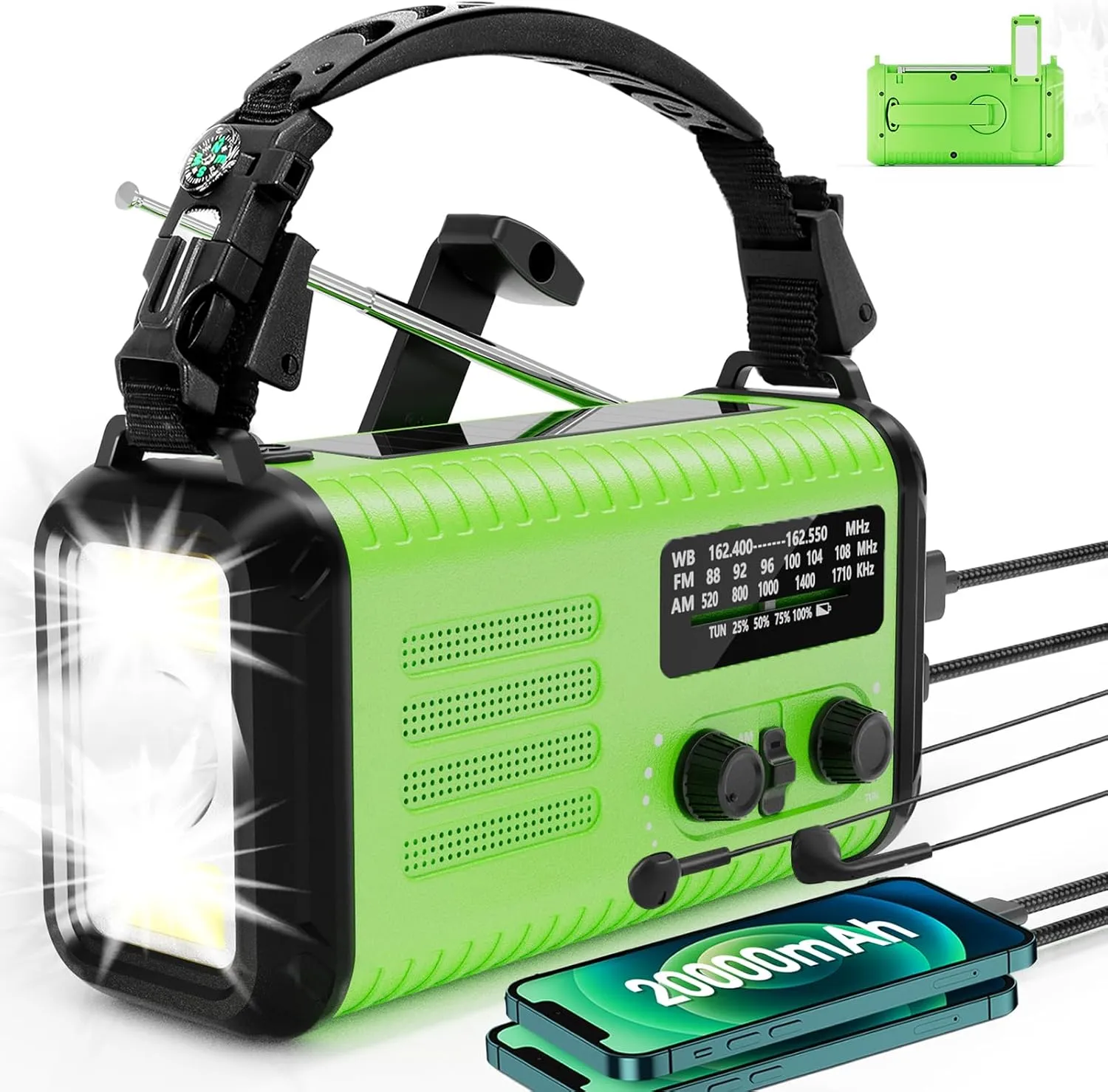 Emergency Crank Radio, NOAA Weather Radio with 74000mWh Battery Operated, Hand Crank Solar Radio Flashlight, LED Reading Light, Headphone Jack, SOS Alarm & Survival Compass for Hiking